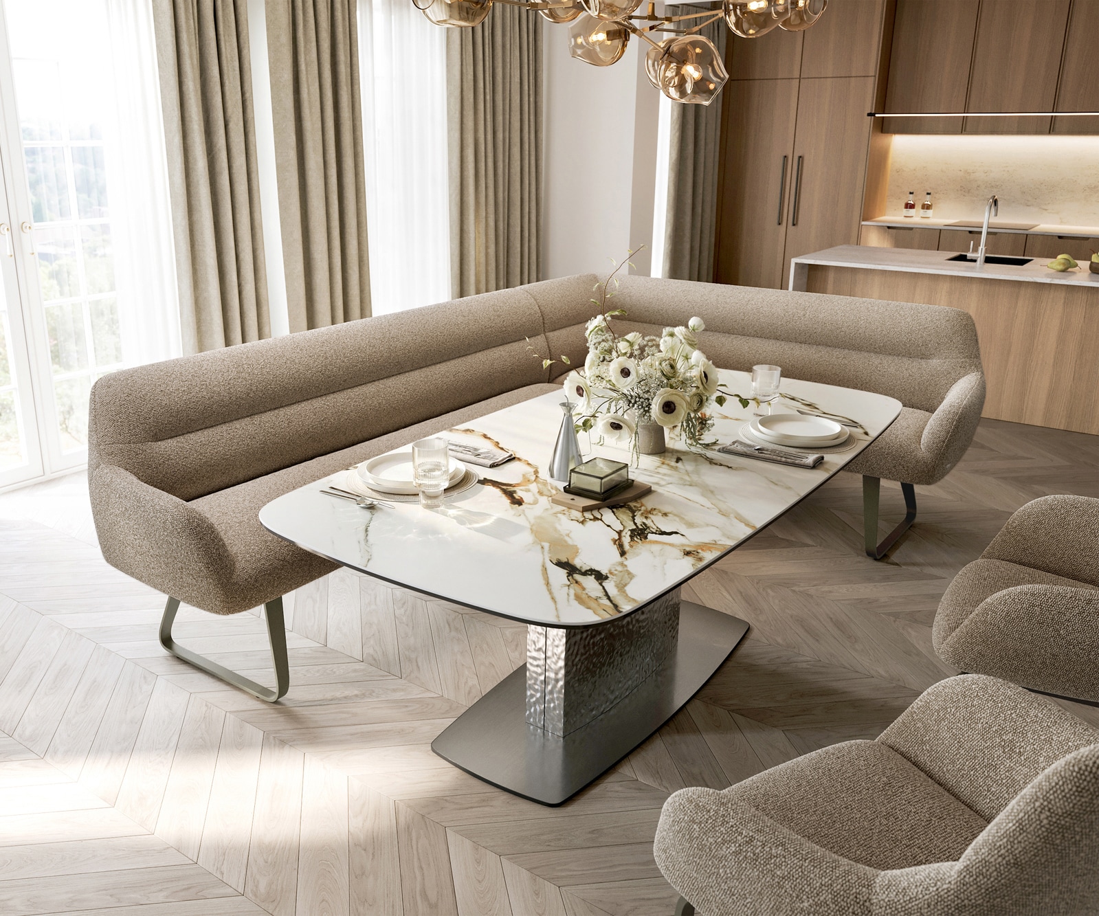 Banc-de-salle-à-manger Taya-Flex 285x190 cm bouclé boue châssis à patins plat titane ressort ensaché liens 1