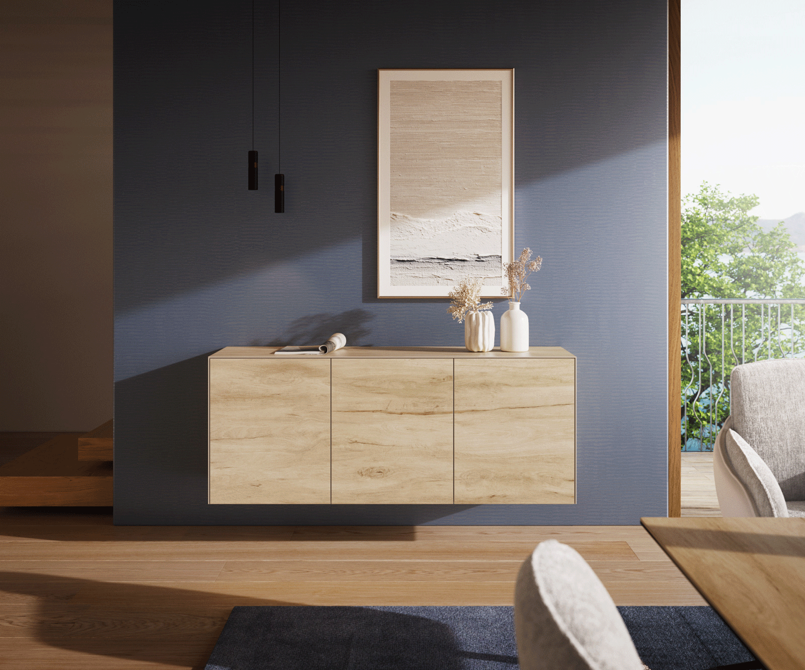 Buffet Cuor 150 cm Céramique Laminam® Sabbia Teinte chêne 3 Portes Flottant 2