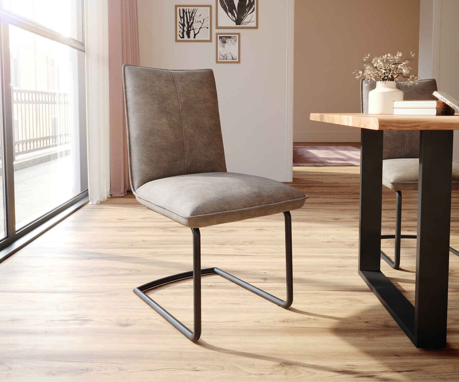 Cantilever Lelio-Flex microvelours taupe vintage pied cantilever rond noir ressorts ensachés