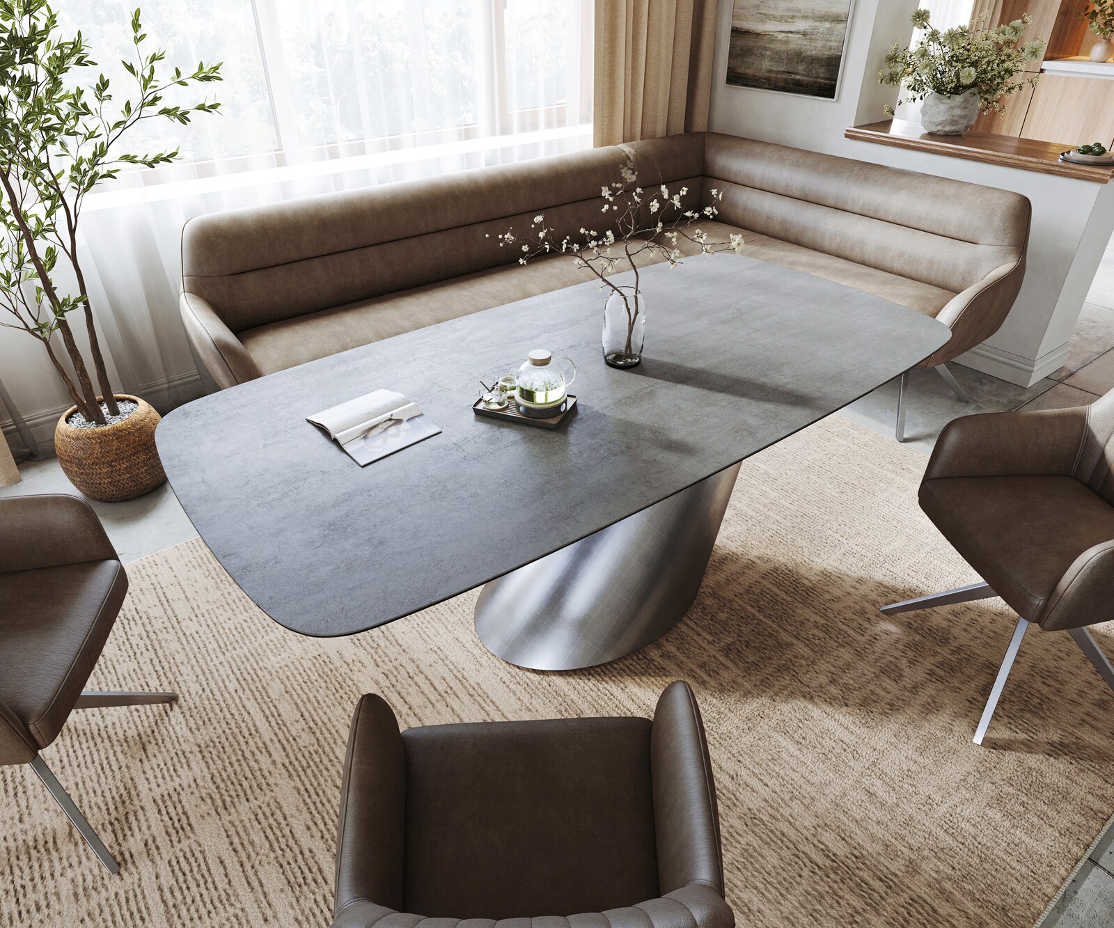 Table à manger Edge bateau 200x100 cm céramique béton gris Cono métal argenté 3