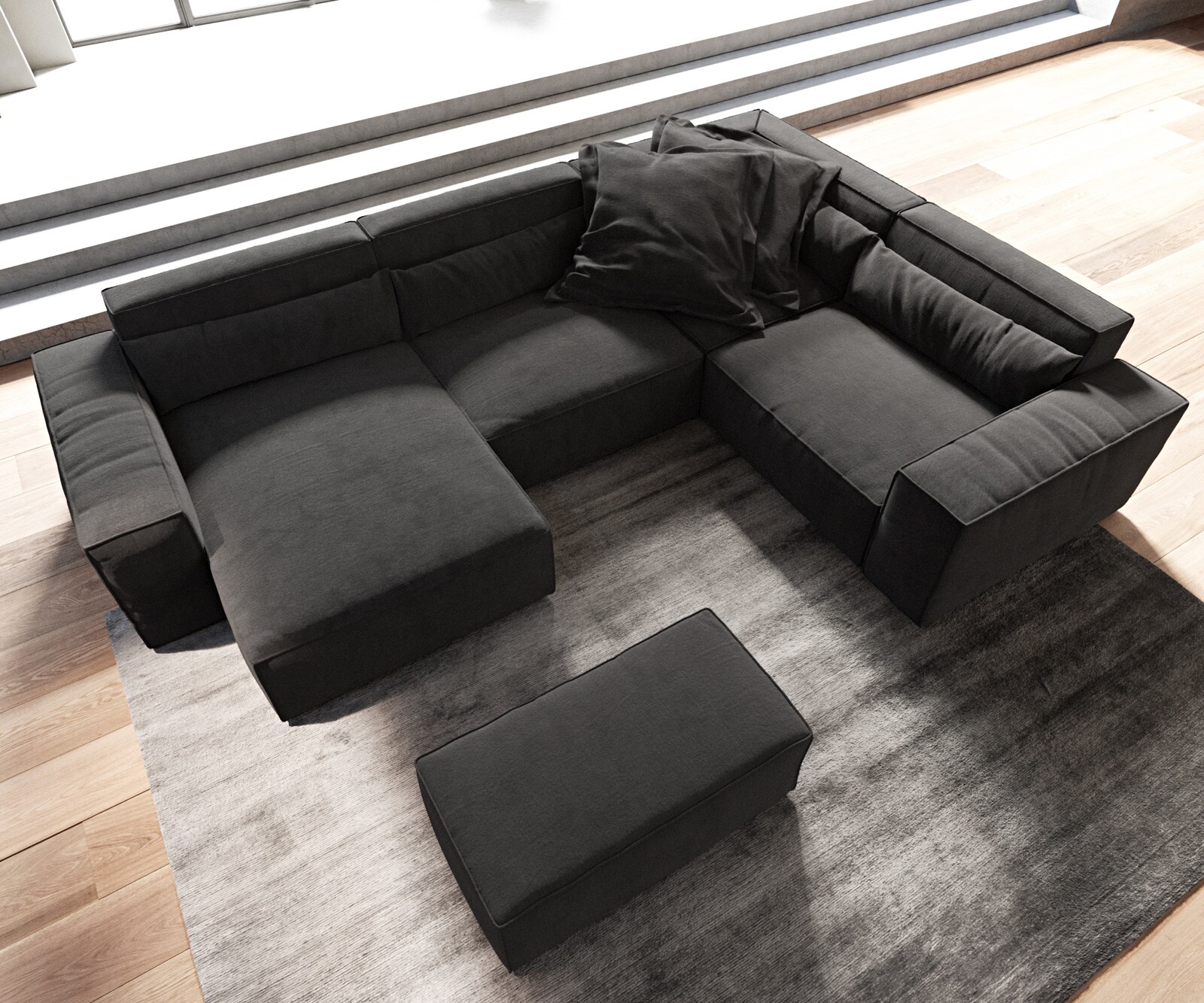 Canapé panoramique Sirpio 300x210 cm Microfibre Noir Recamiere variable avec Tabouret 3