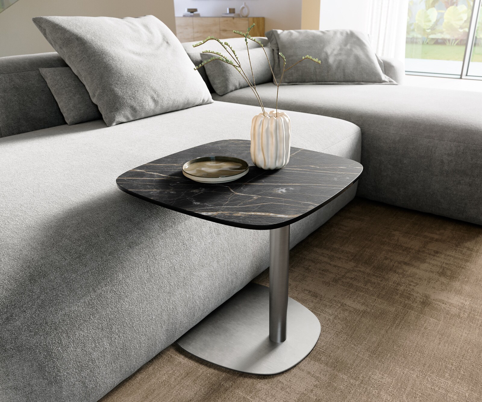 table d’appoint Edge Boot 50x50 cm céramique Laminam® Noir Desir brun Eleny acier inoxydable brossé