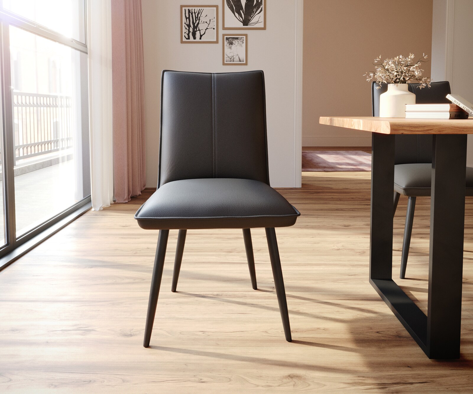 Chaise-de-salle-à-manger Lelio-Flex cuir de vache noir 4 pieds coniques noir ressorts ensachés 1