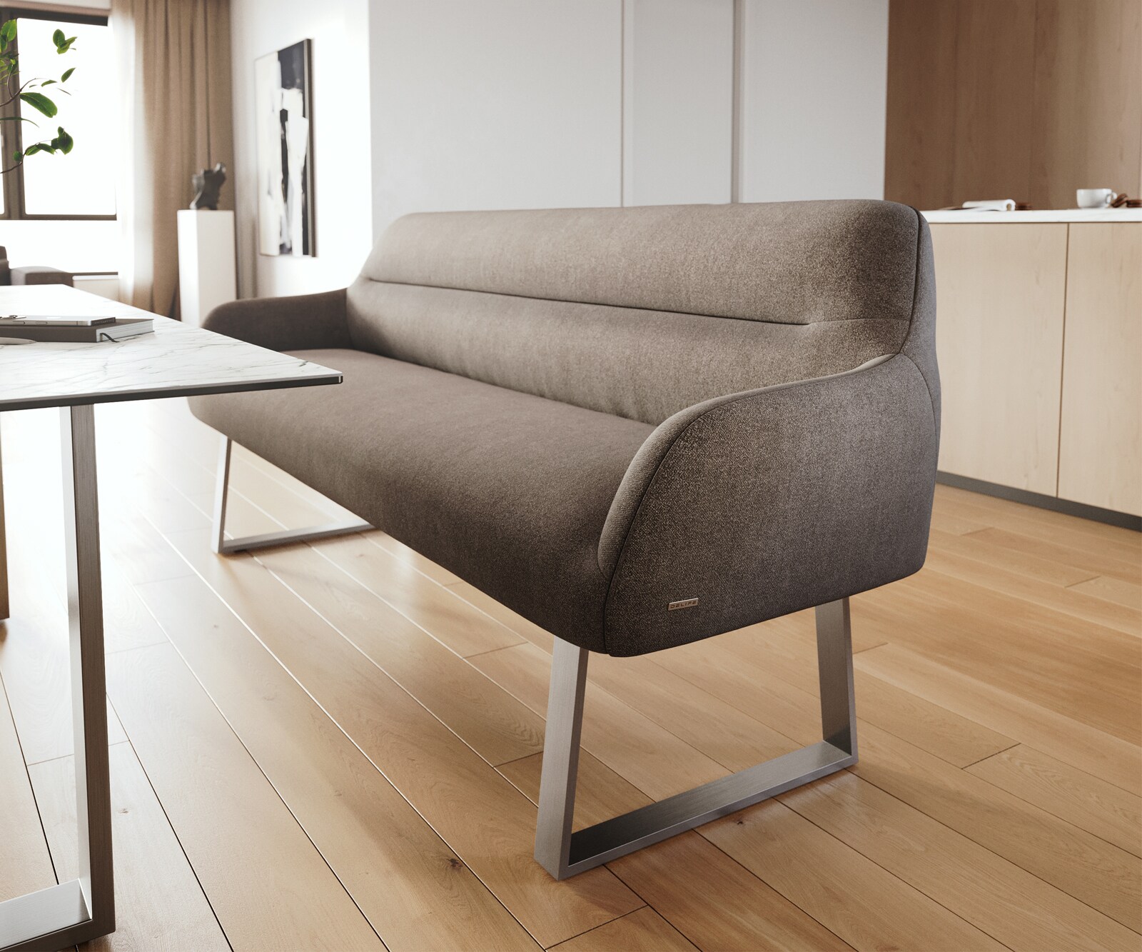 Banc-de-salle-à-manger Taya-Flex 200 cm tissu structuré doux taupe piètement à patins angulaire acier inoxydable ressort ensaché 5