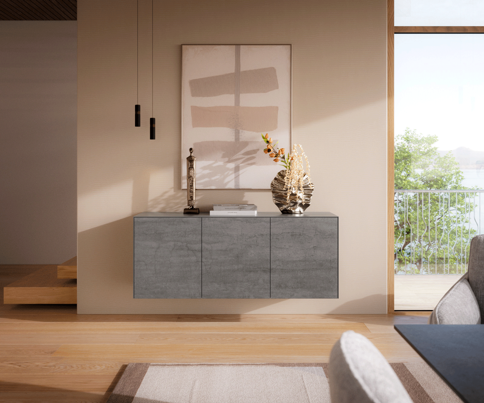 Buffet Cuor 150 cm Céramique Béton gris 3 Portes Flottant 2