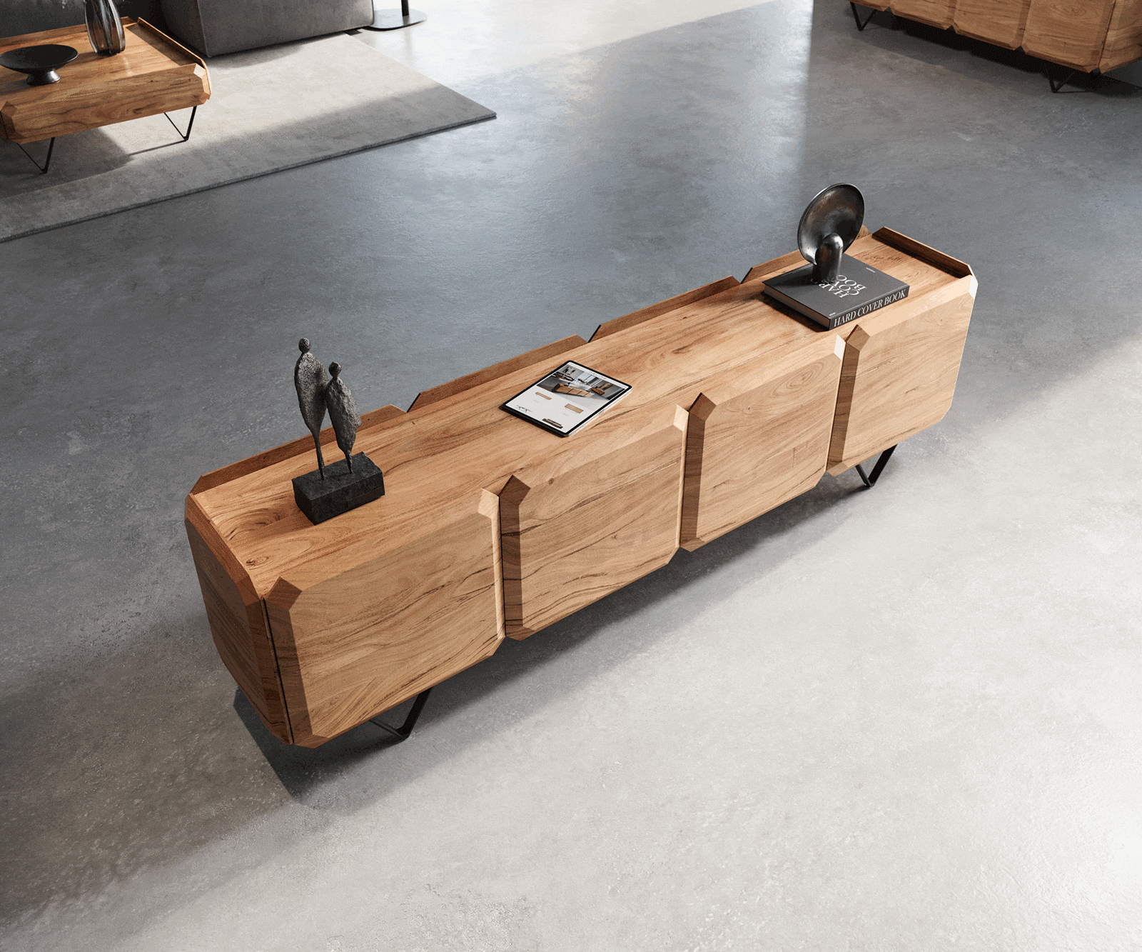 Meuble-bas Kiano 200 cm Acacia Nature 4 Portes Pied en V Noir Séparateur de pièce 2 Meuble-bas Kiano 200 cm Acacia Nature 4 Portes Pied en V Noir Séparateur de pièce 2