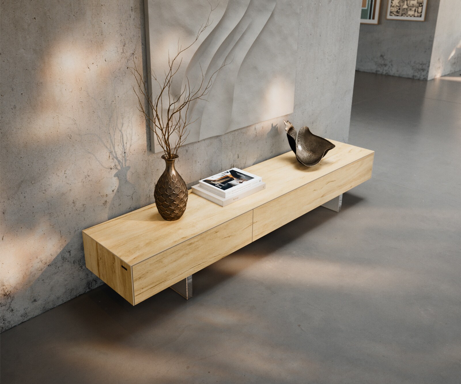 Meuble-TV Cuor 200 cm Céramique Laminam® Sabbia Teinte chêne 1 Clapet 1 Tiroir Pied optique flottant Verre acrylique 3