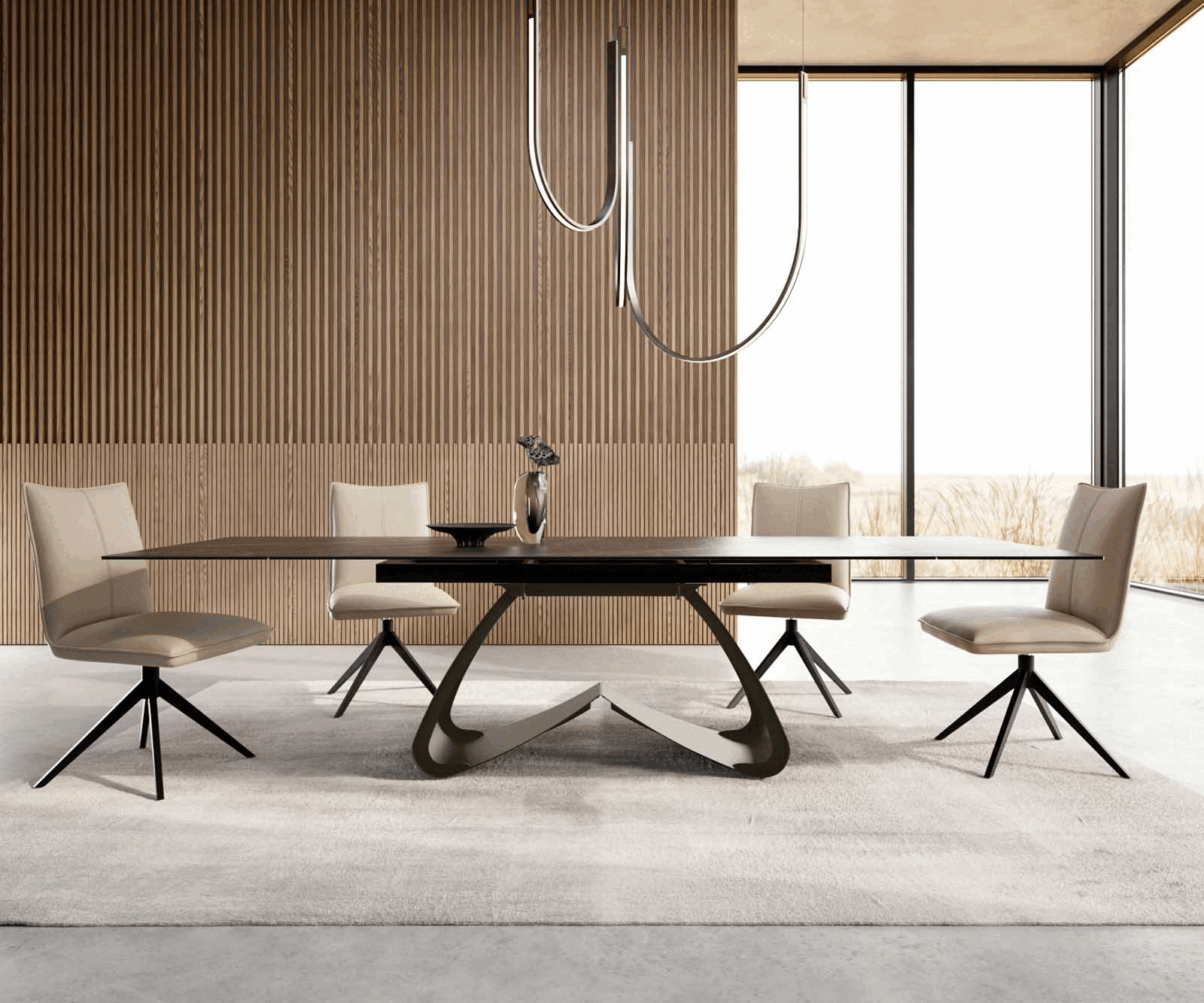 Table à manger Edge 200-300x100 Céramique Laminam®Noir Desir Marron cadre en W Finition Effet Titane Extensible 1