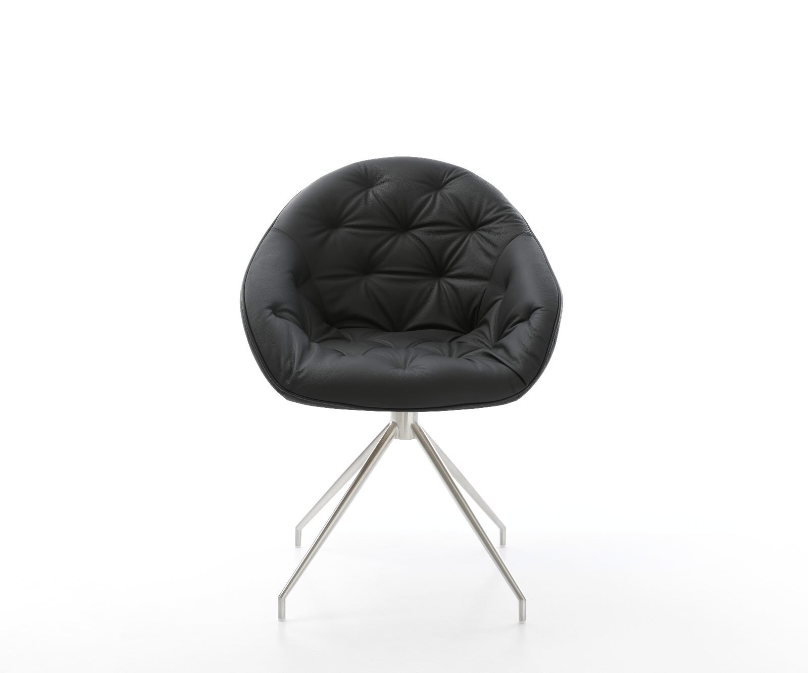 Chaise-de-salle-à-manger Gaio-Flex cuir de vache noir pied croisé conique acier inoxydable brossé 1
