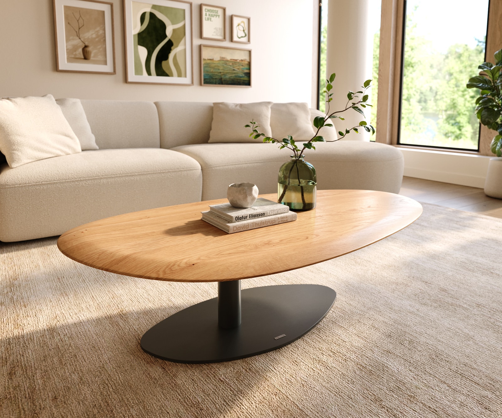 Table basse Edge Oval 140x75 cm chêne naturel bord arrondi Vibany métal noir
