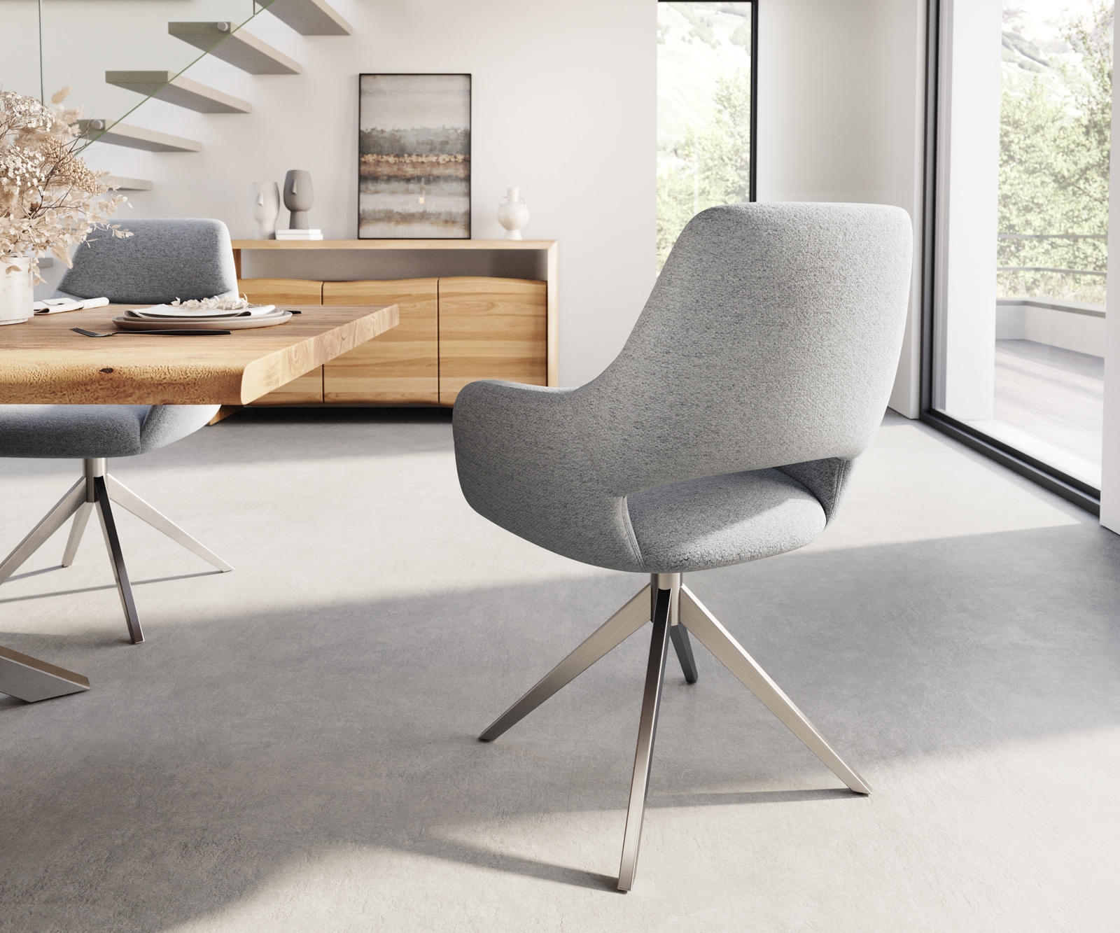 Chaise-de-salle-à-manger Yago-Flex avec accoudoirs tissu texturé gris clair pied croisé large acier inoxydable brossé ressorts ensachés 4 Chaise-de-salle-à-manger Yago-Flex avec accoudoirs tissu texturé gris clair pied croisé large acier inoxydable brossé ressorts ensachés 4