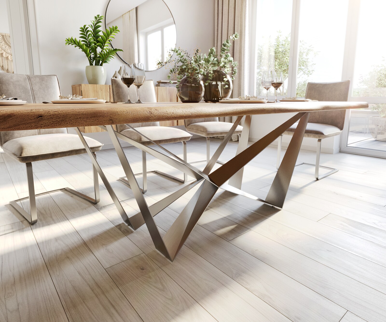 Table à manger Edge 260x100 Acacia Naturel Spider Acier Plat Acier Inoxydable Live-Edge 4