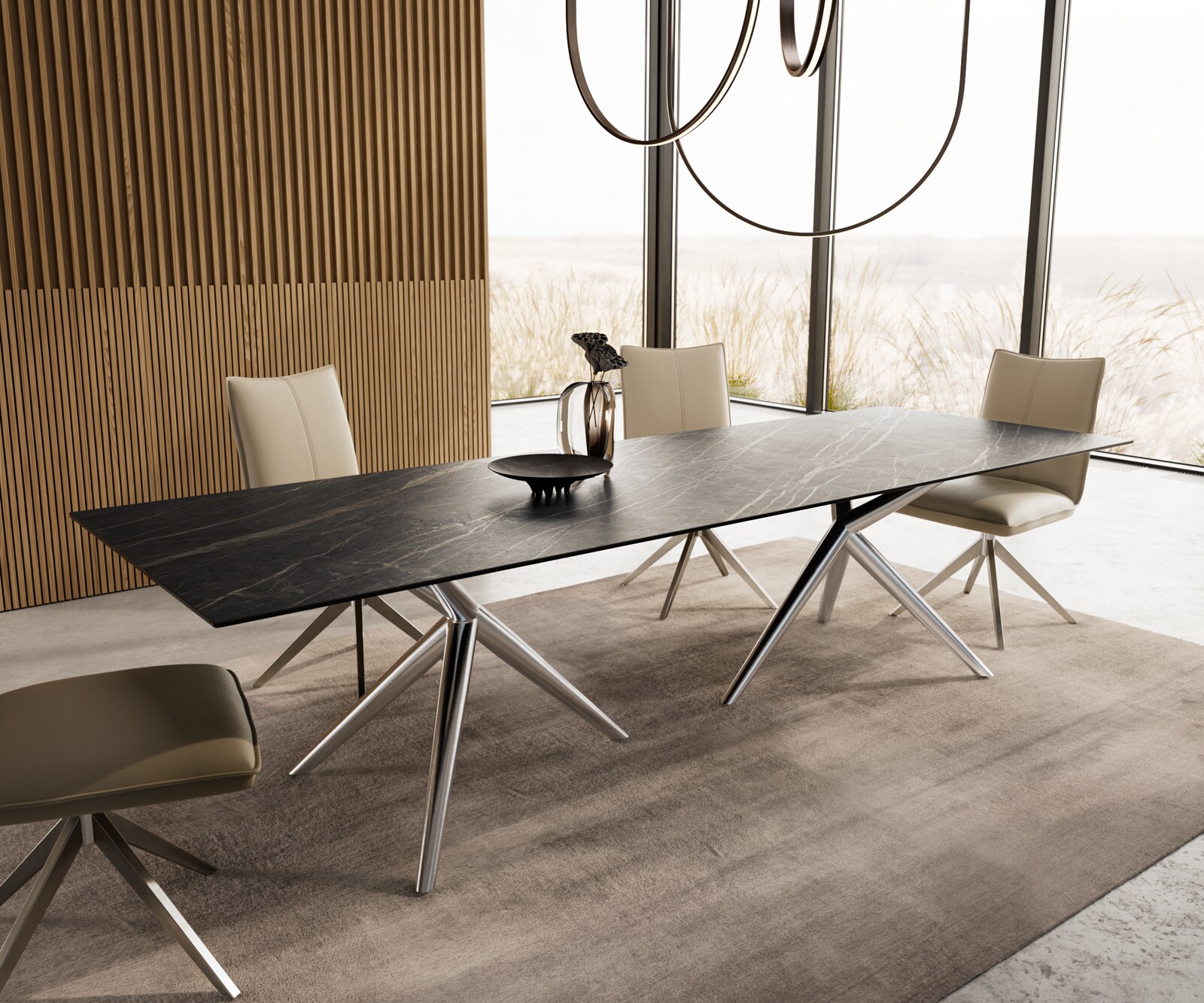 Table à manger Edge 300x100 Céramique Laminam®Noir Desir Marron Estelar rond Acier inoxydable