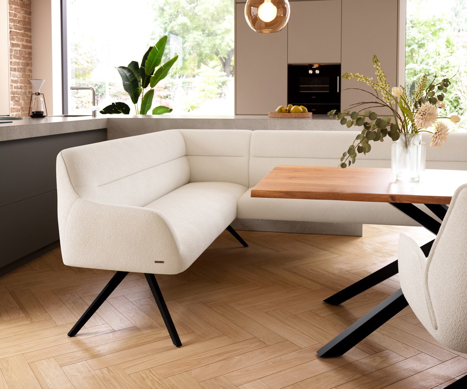 Banc-de-salle-à-manger Taya-Flex 285x190 cm bouclé crème-blanc pied croisé angulaire noir ressort ensaché à droite 5