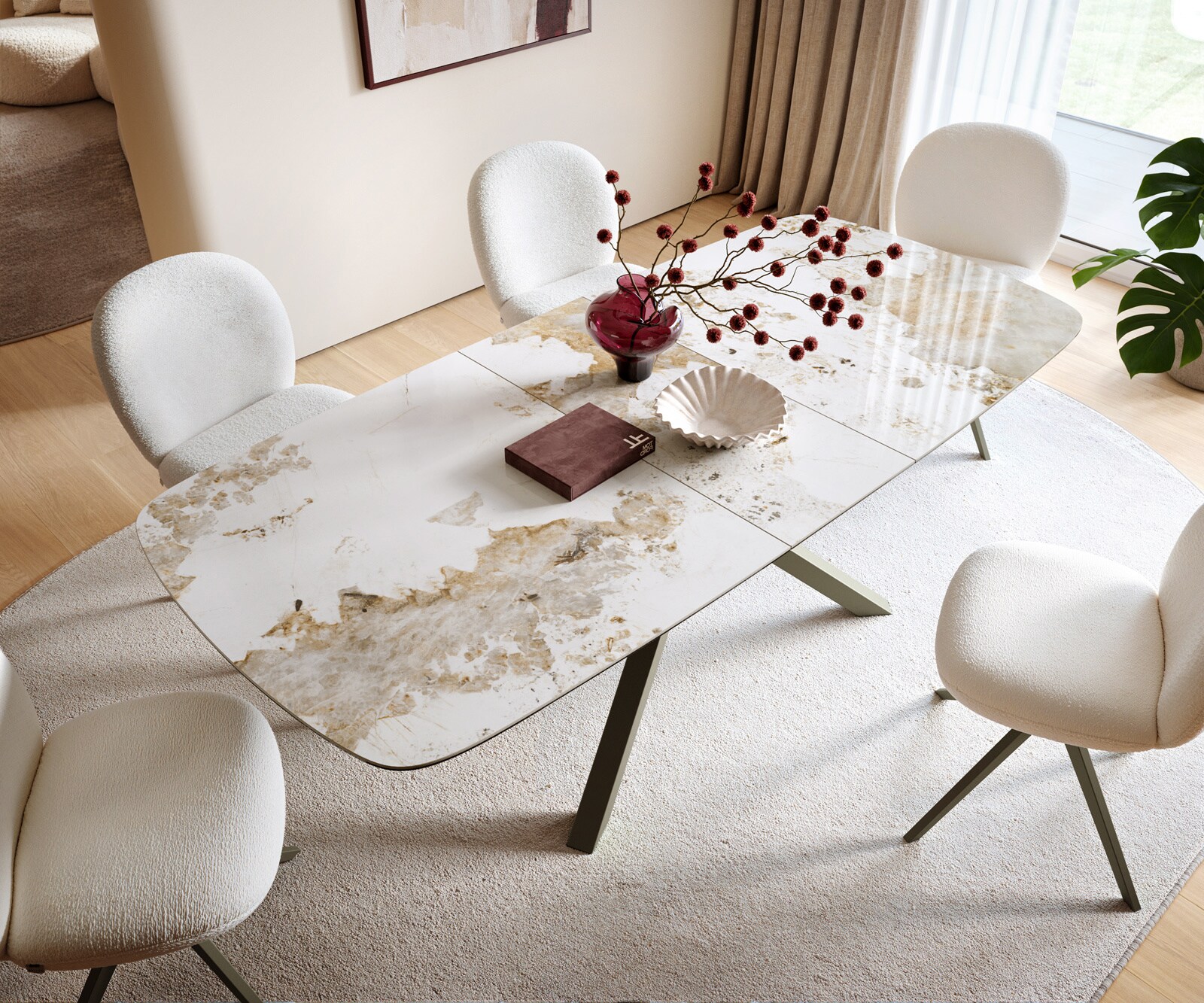 Table à manger Edge Boot 180-220x100 cm Céramique Minas Melange Blanc-Beige piètement en croix Rectangle Finition effet Titan extensible 4