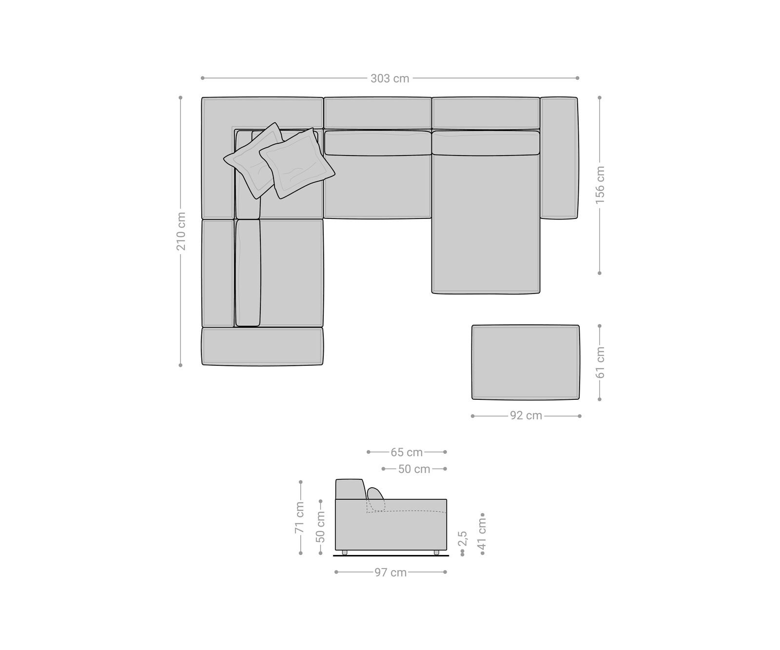 Canapé panoramique Sirpio 300x210 cm Velours côtelé Beige Recamiere variable avec Tabouret 7