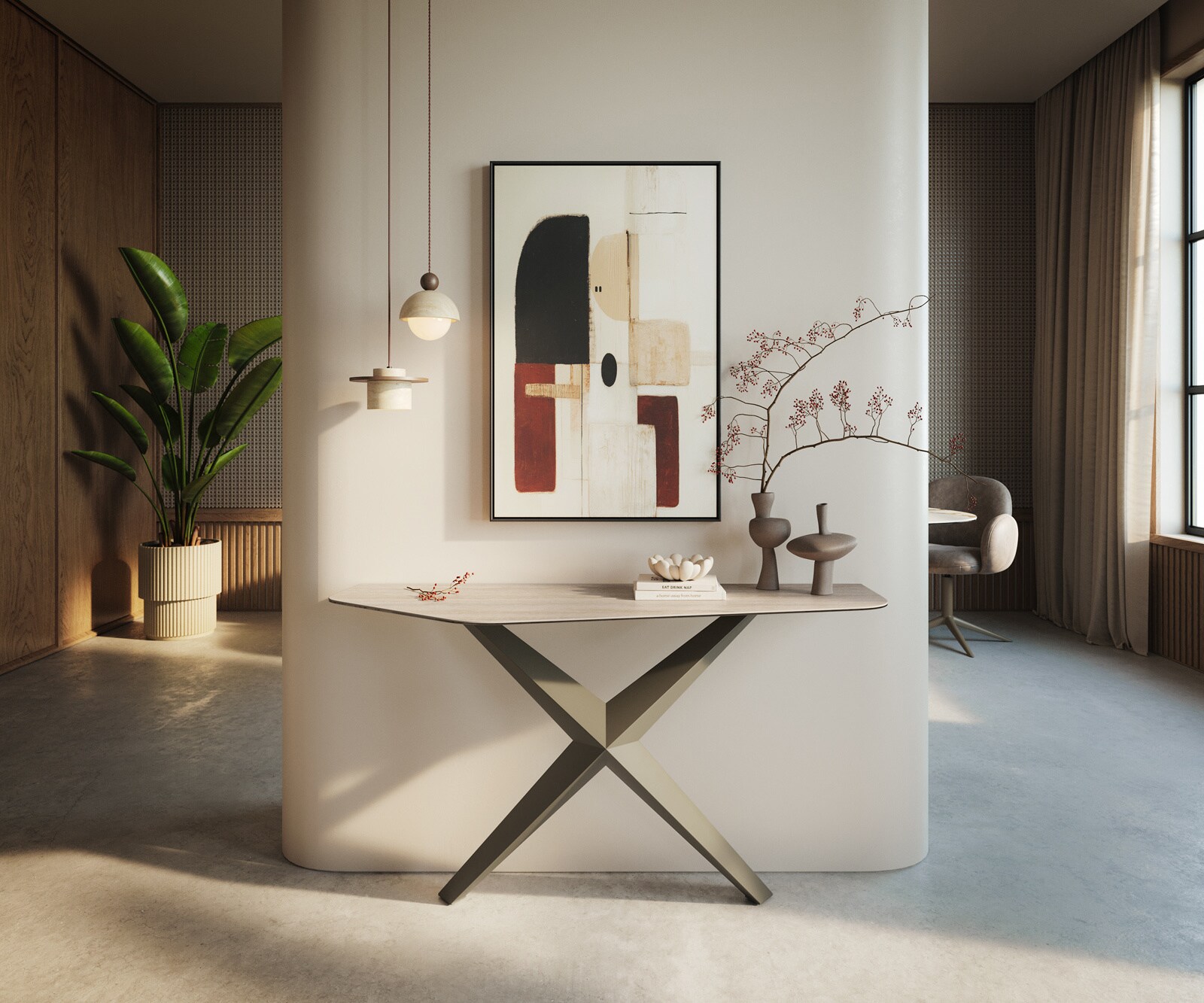 Console Edge Polygonal 140x50 cm Céramique Laminam® Travertino Bianco Creme-Weiß Zentharo Métal Effektfinish Titan 1