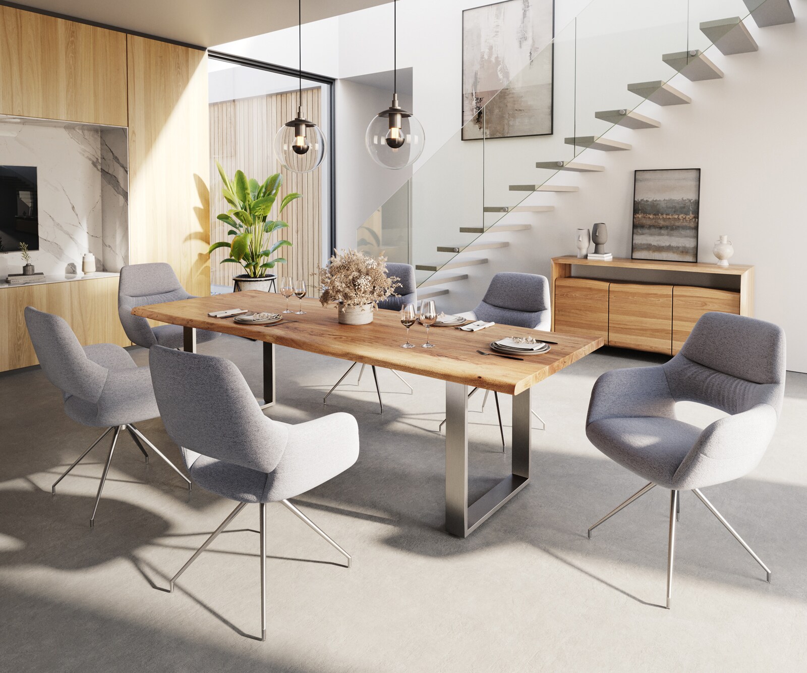 Chaise-de-salle-à-manger Yago-Flex avec accoudoirs tissu texturé gris clair pied croisé conique acier inoxydable brossé ressorts ensachés 3 Chaise-de-salle-à-manger Yago-Flex avec accoudoirs tissu texturé gris clair pied croisé conique acier inoxydable brossé ressorts ensachés 3