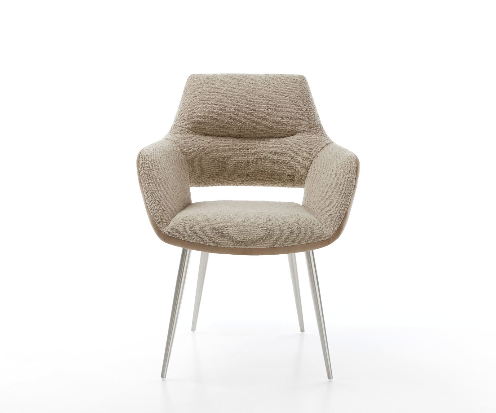 Chaise-de-salle-à-manger Yago-Flex avec accoudoirs tissu mixte couleur boue 4 pieds coniques acier inoxydable brossé ressorts ensachés 1 Chaise-de-salle-à-manger Yago-Flex avec accoudoirs tissu mixte couleur boue 4 pieds coniques acier inoxydable brossé ressorts ensachés 1