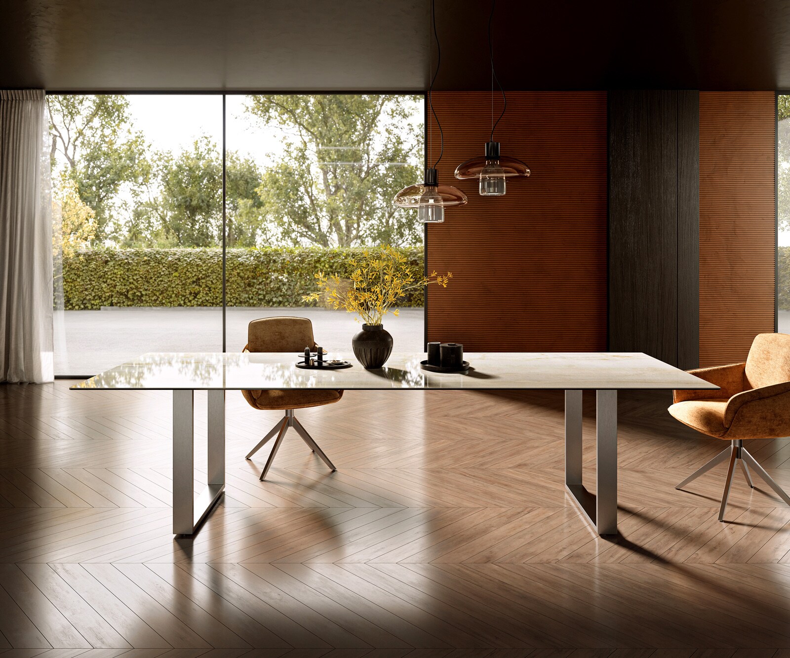 Table à manger Edge 300x100 Céramique Laminam® Onice Oro Acier inoxydable Étroit 2