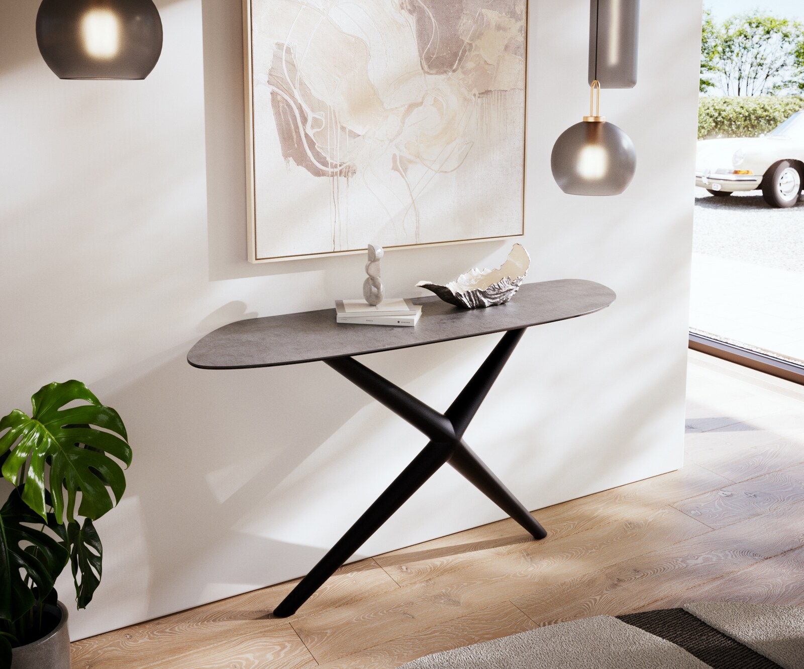 Table console Edge Organique 140x40 cm Céramique Béton Gris Estelo Métal Noir 1