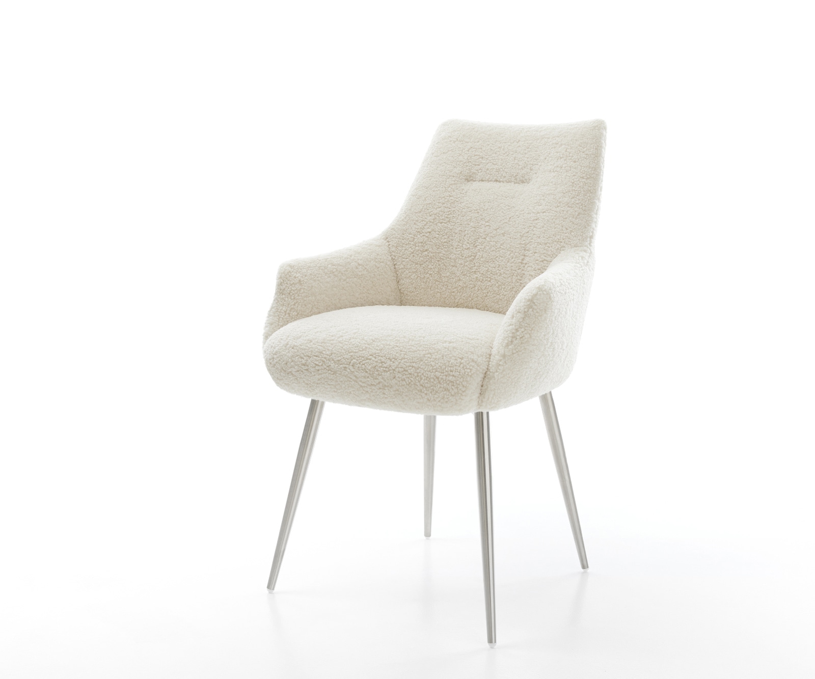 Chaise-de-salle-à-manger Alja-Flex avec accoudoirs tissu teddy beige 4 pieds coniques acier inoxydable resorts ensachés