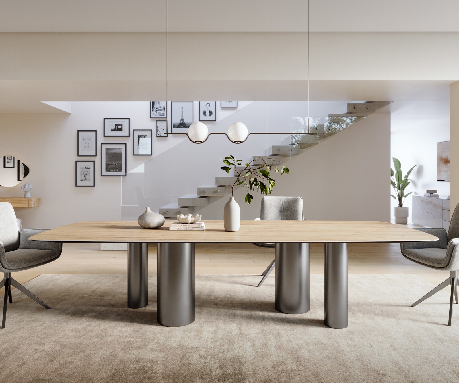Table à manger Edge Boot 300x120 cm Céramique Laminam® Sabbia Eichefarbig Pilier Acier inoxydable Graphite 2