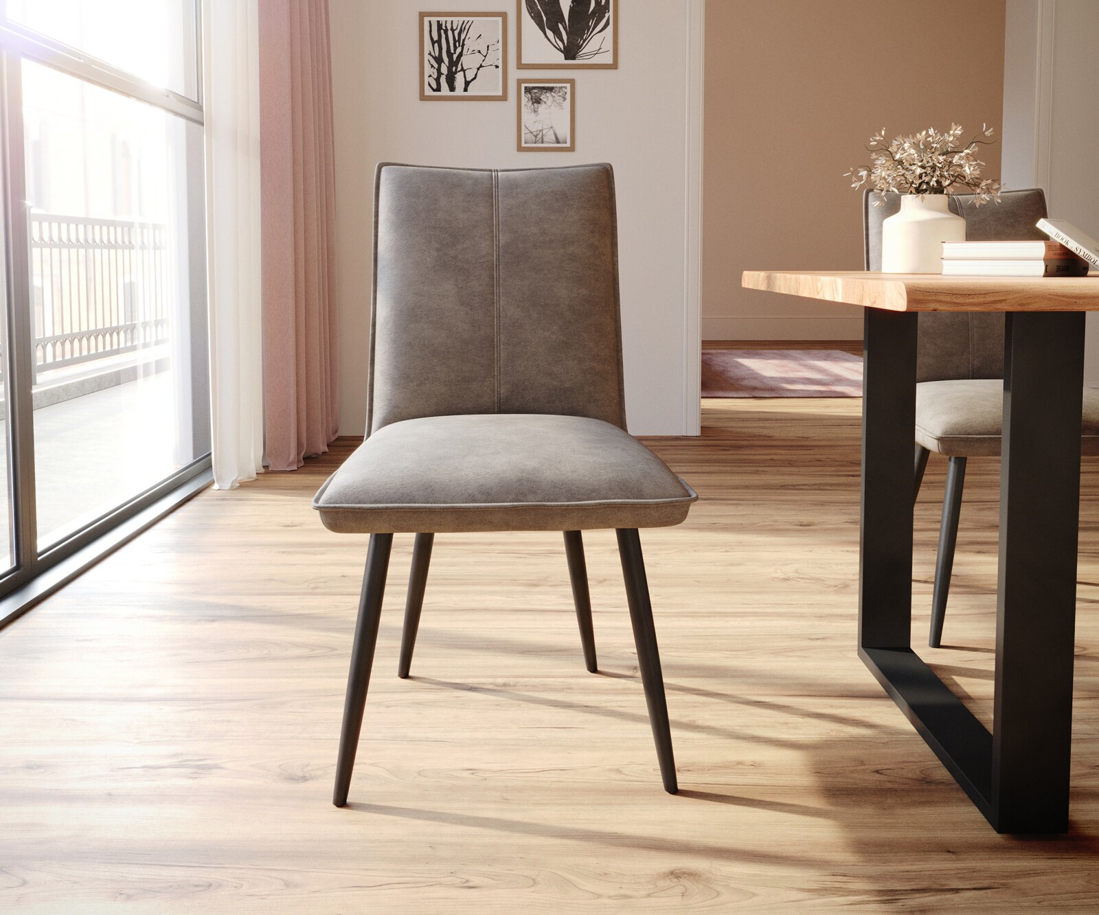 Chaise-de-salle-à-manger Lelio-Flex microvelours taupe vintage 4 pieds coniques noir ressorts ensachés 1