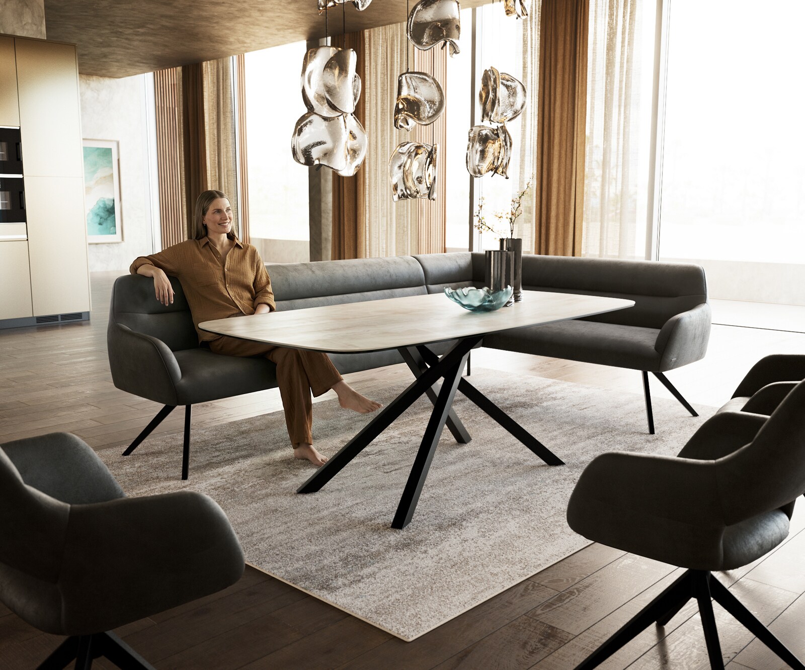 Banc-de-salle-à-manger Taya-Flex 285x190 cm microfibre antracite vintage pied croisé angulaire noir ressort ensaché liens 1