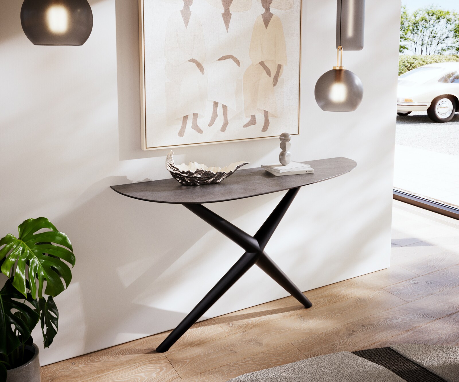 Table console Edge Oval 140x40 cm Céramique Béton Gris Estelo Métal Noir 1