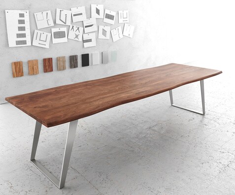 Table-à-manger Edge 300x100cm acacia marron acier inoxydable argent incliné Live-Edge