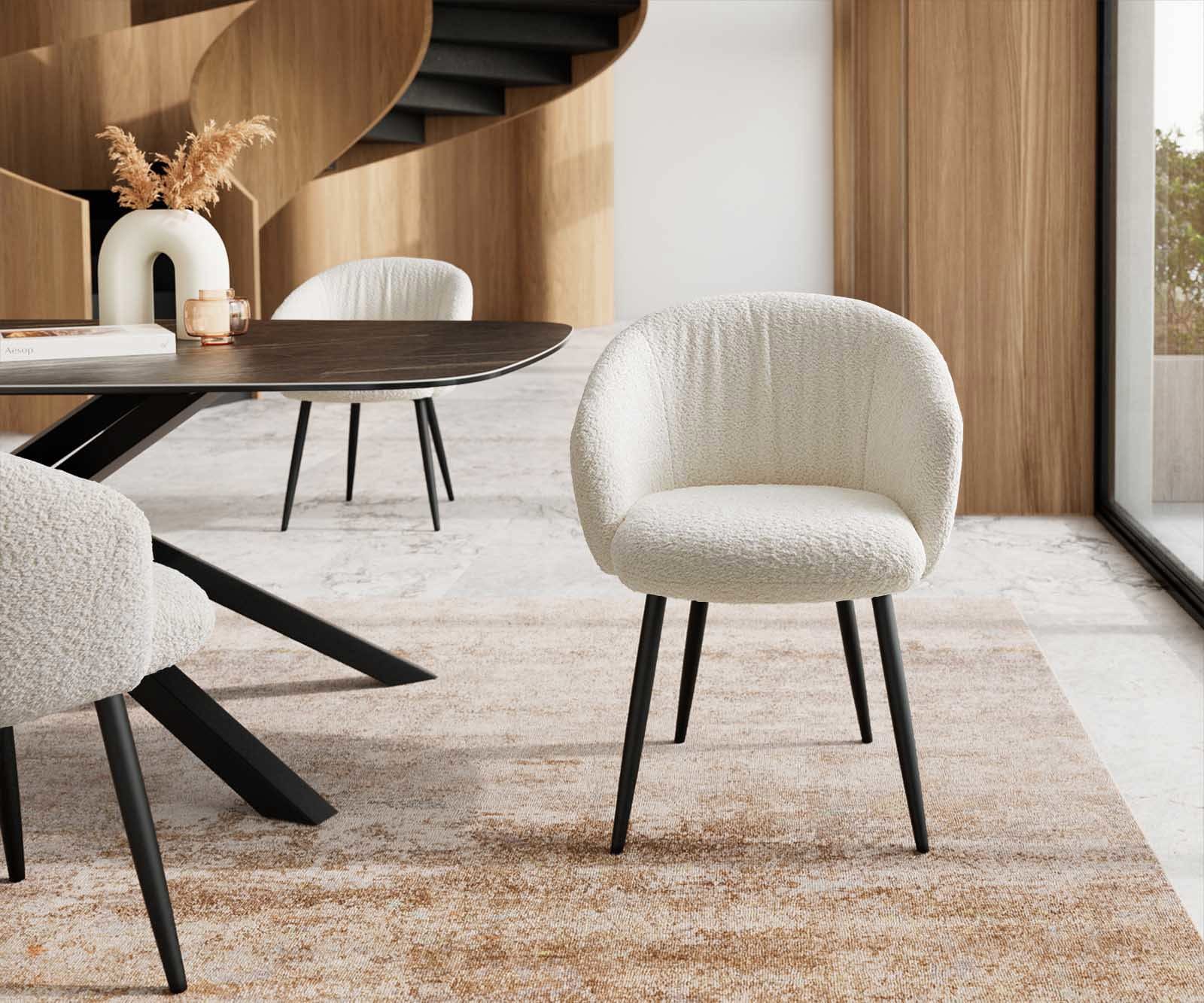 Chaise-de-salle-à-manger Caja-Flex avec accoudoirs bouclé blanc 4 pieds coniques noir ressorts ensachés 1 Chaise-de-salle-à-manger Caja-Flex avec accoudoirs bouclé blanc 4 pieds coniques noir ressorts ensachés 1