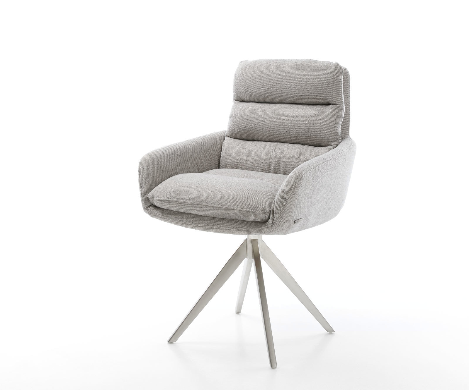 Chaise-de-salle-à-manger Abelia-Flex avec accoudoirs rayures gris clair pied croisé angulaire acier inoxydable brossé Chaise-de-salle-à-manger Abelia-Flex avec accoudoirs rayures gris clair pied croisé angulaire acier inoxydable brossé