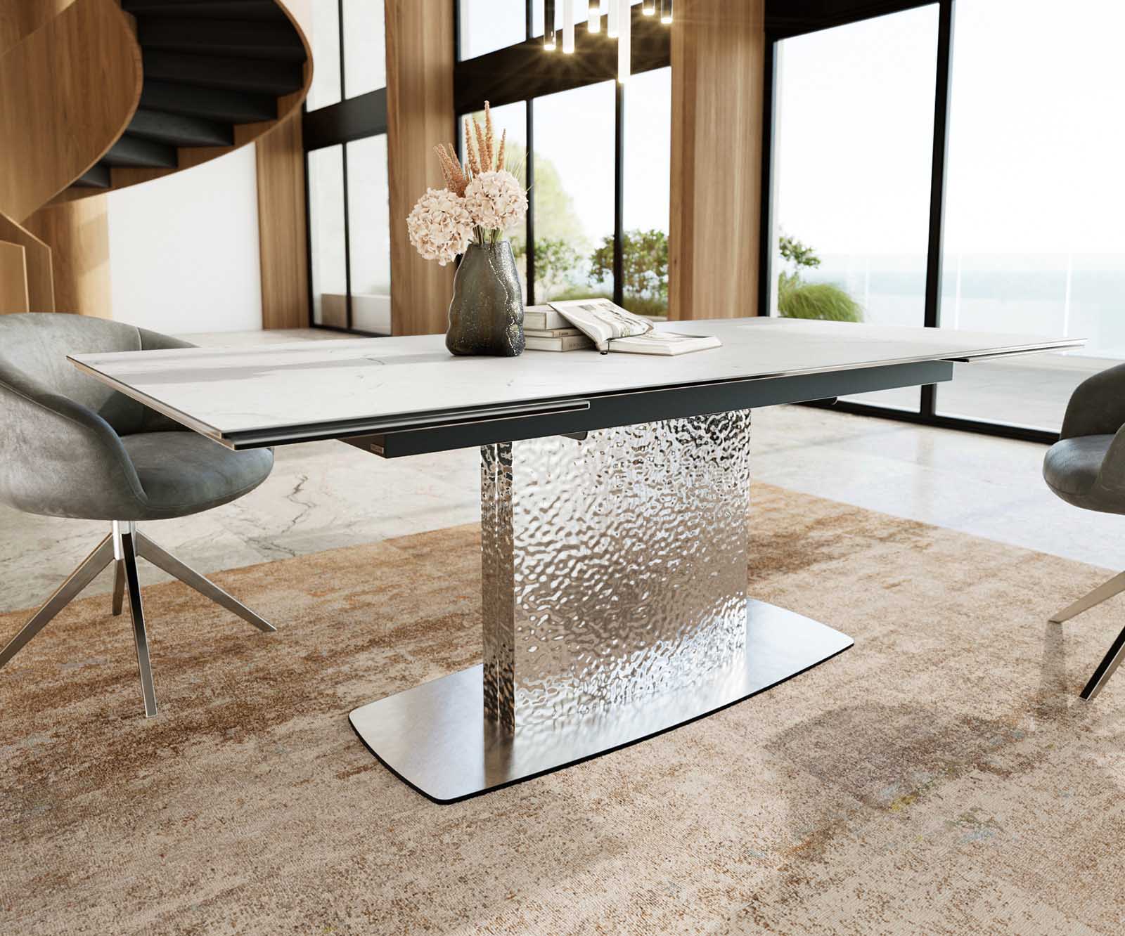Table à manger Edge 200-300x100 céramique Laminam®Statuarietto blanc Wave acier inoxydable extensible 5