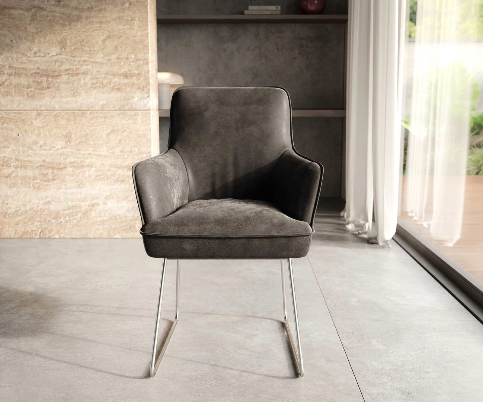 Chaise-de-salle-à-manger Heira-Flex avec accoudoirs microvelours anthracite vintage pied trapèze acier inoxydable brossé ressorts ensachés 1 Chaise-de-salle-à-manger Heira-Flex avec accoudoirs microvelours anthracite vintage pied trapèze acier inoxydable brossé ressorts ensachés 1