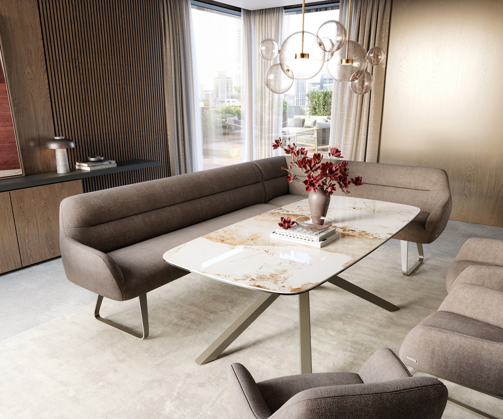 Banc-de-salle-à-manger Taya-Flex 285x190 cm tissu structuré doux taupe châssis à patins plat titane ressort ensaché liens 1