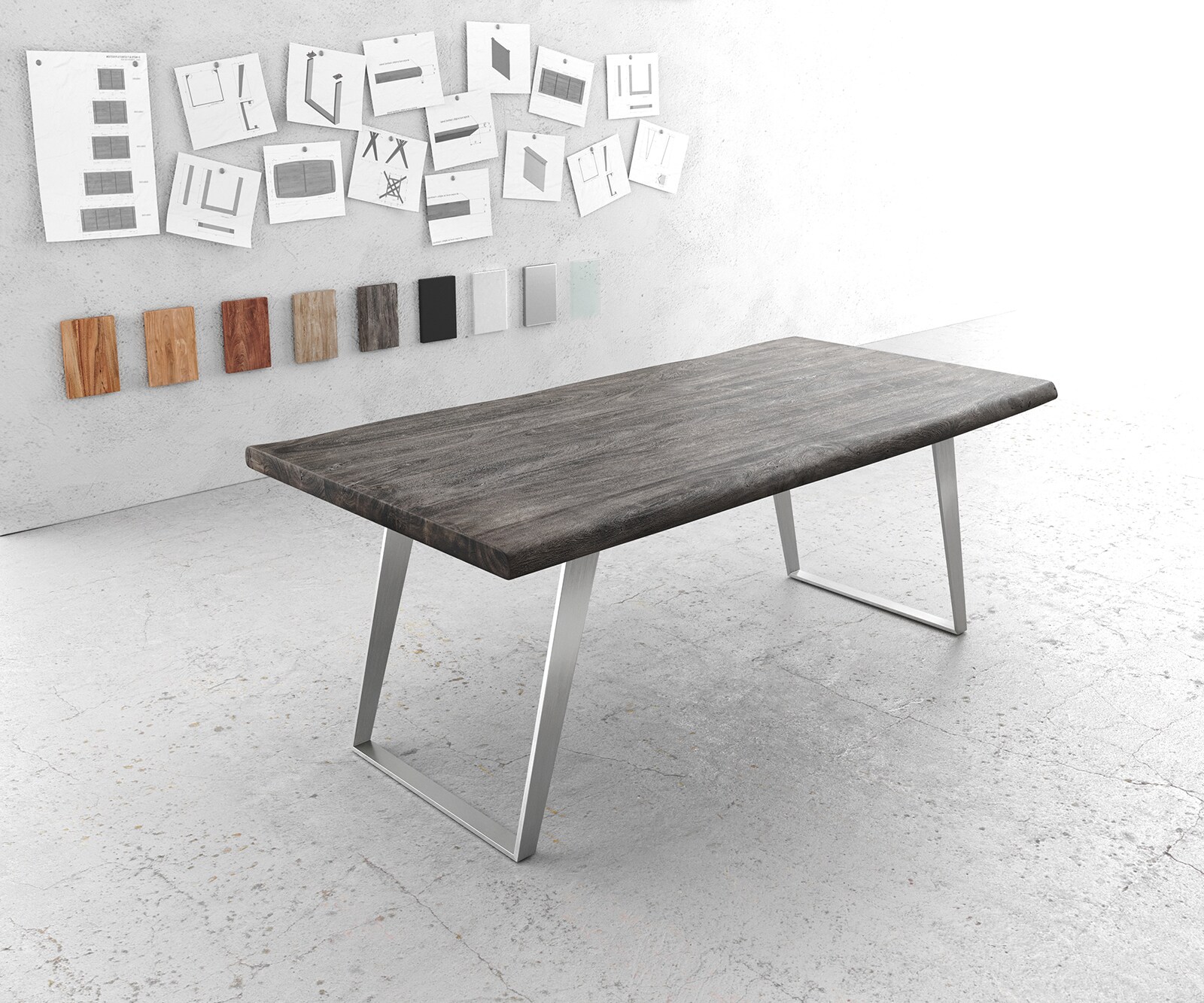 Table-à-manger Edge 200x100cm XL acacia platine acier inoxydable argent incliné Live-Edge 1