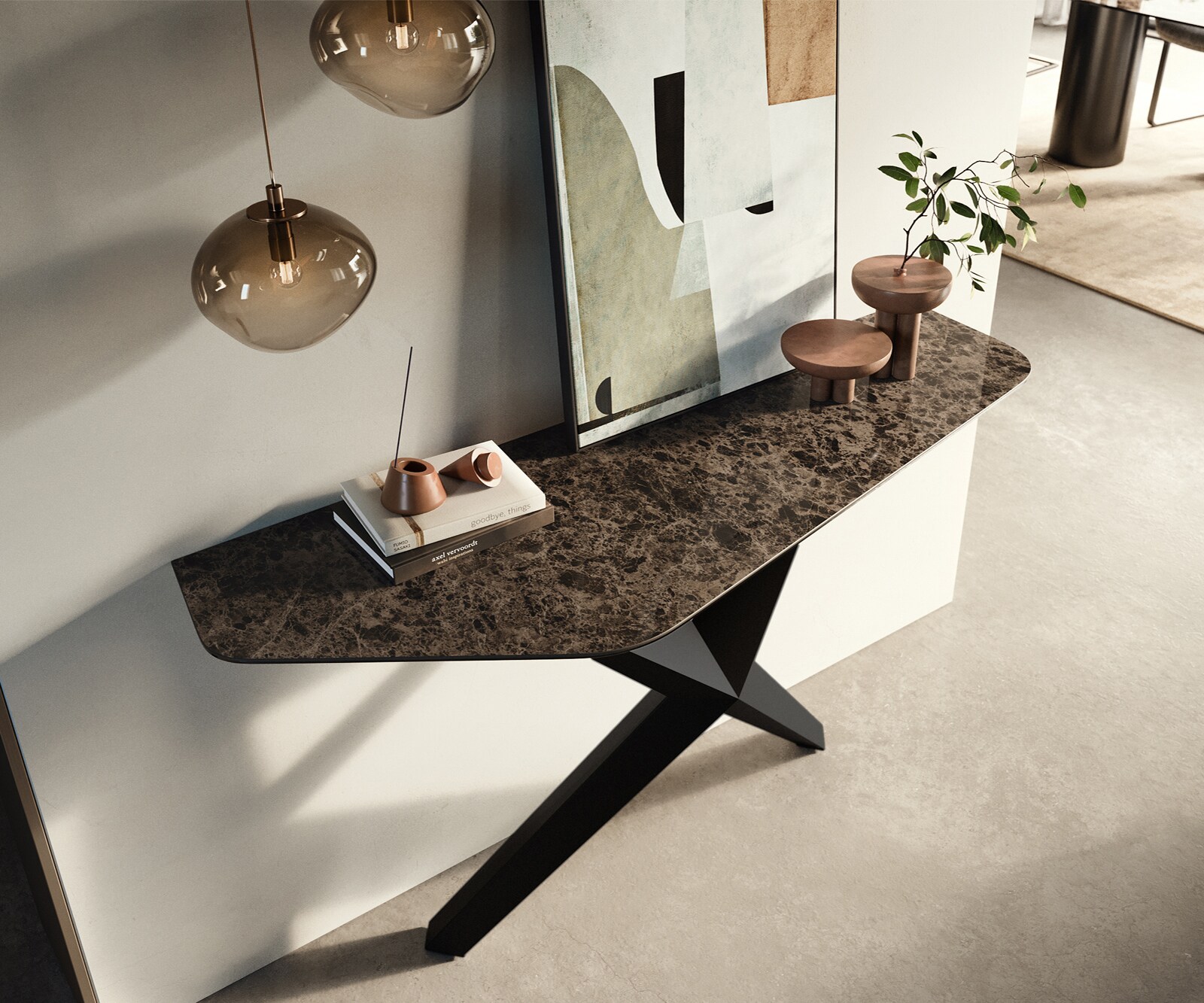 Console Edge Polygonal 140x50 cm Céramique Emperador Extra Lucidato Dunkelbraun Zentharo Métal Noir 1