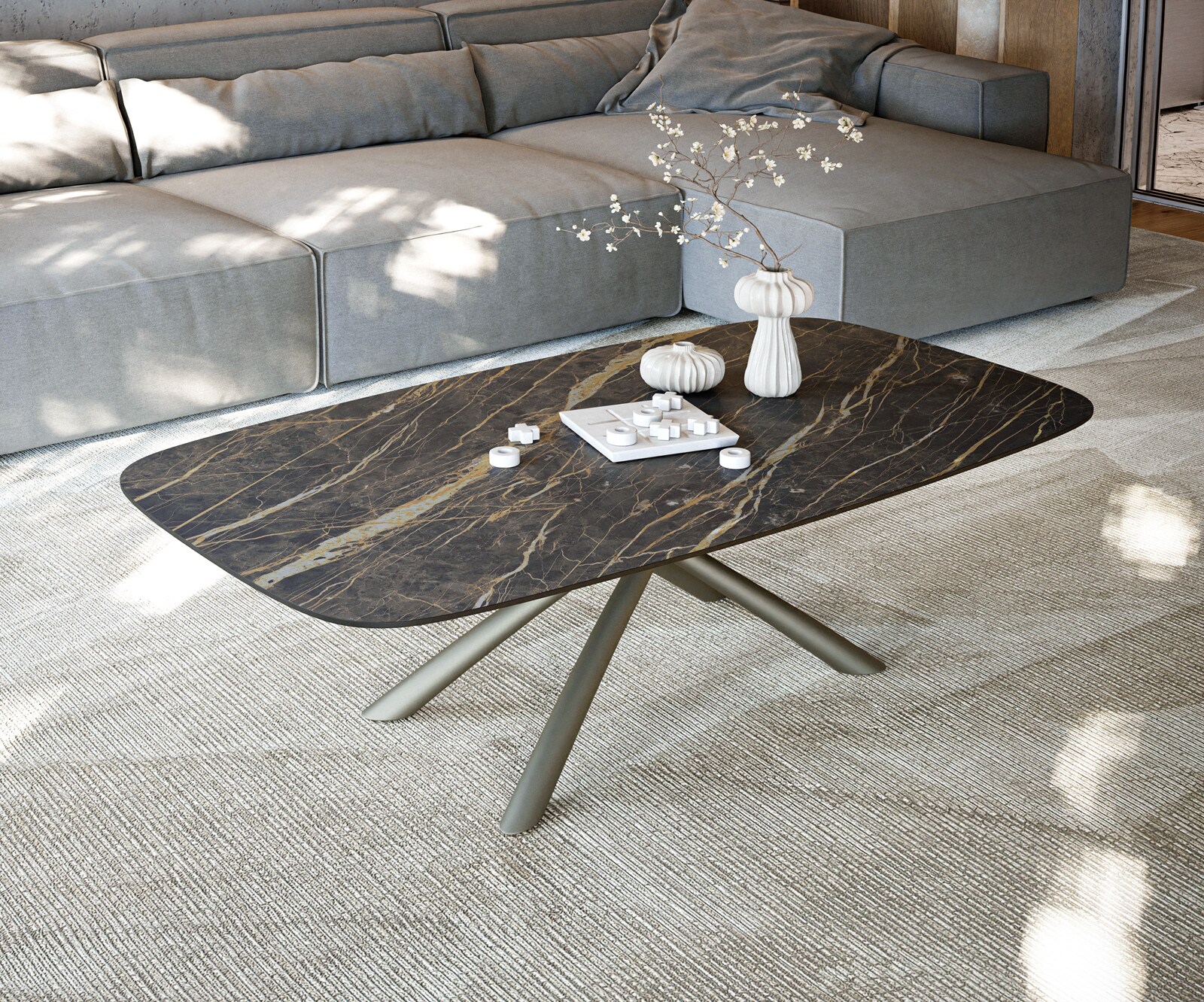 Table basse Edge Boot 140x80 cm céramique Laminam® Noir Desir brun Sarity Metall finition effet titane 1