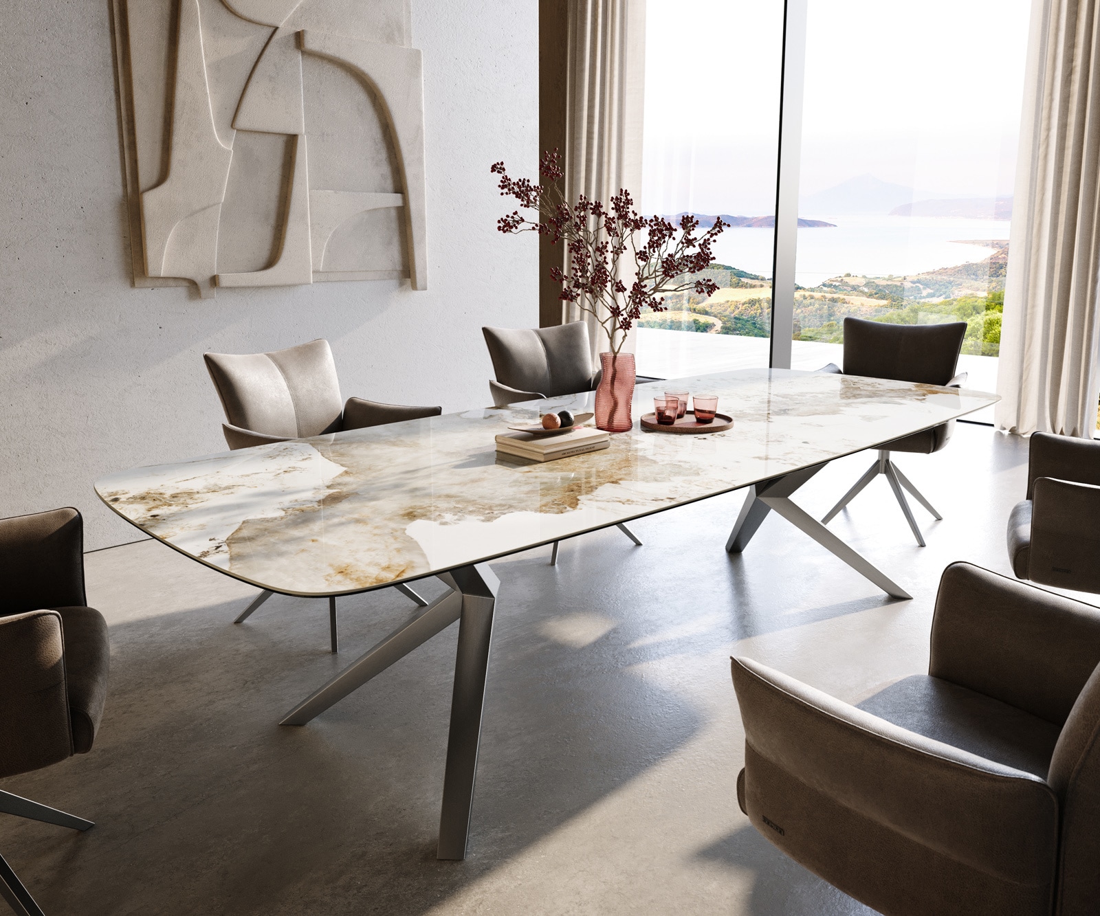 Table à manger Edge Boot 300x120 cm Céramique Minas Melange Blanc-Beige Zenthara anguleux Acier inoxydable 1