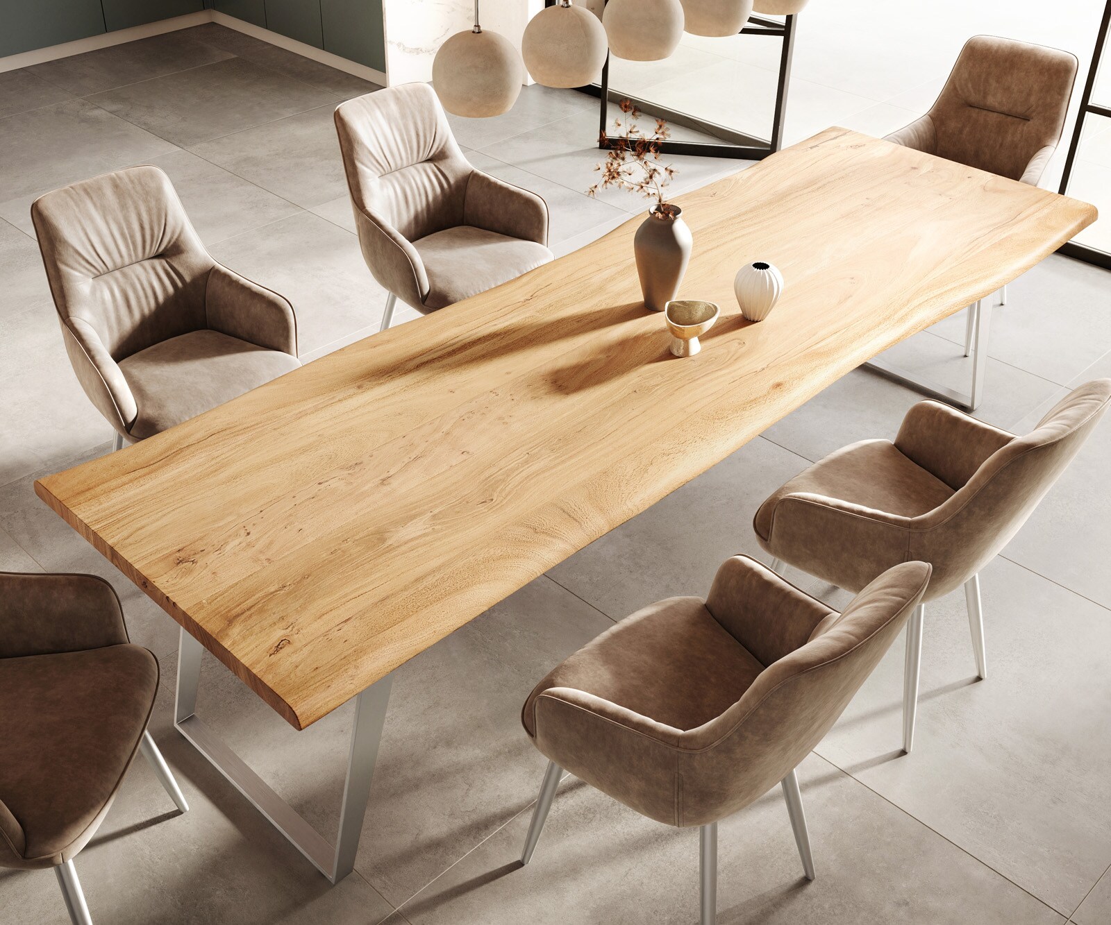 Table-à-manger Edge 300x100cm acacia nature acier inoxydable argent incliné Live-Edge 4