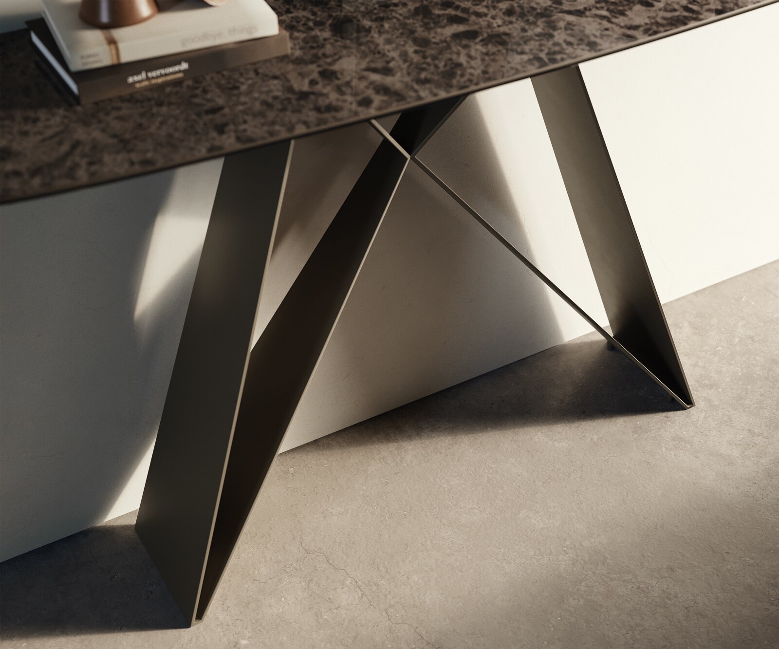 Console Edge forme bateau 140x40 cm Céramique Emperador Extra Lucidato Dunkelbraun Velio Métal Effektfinish Titan 5