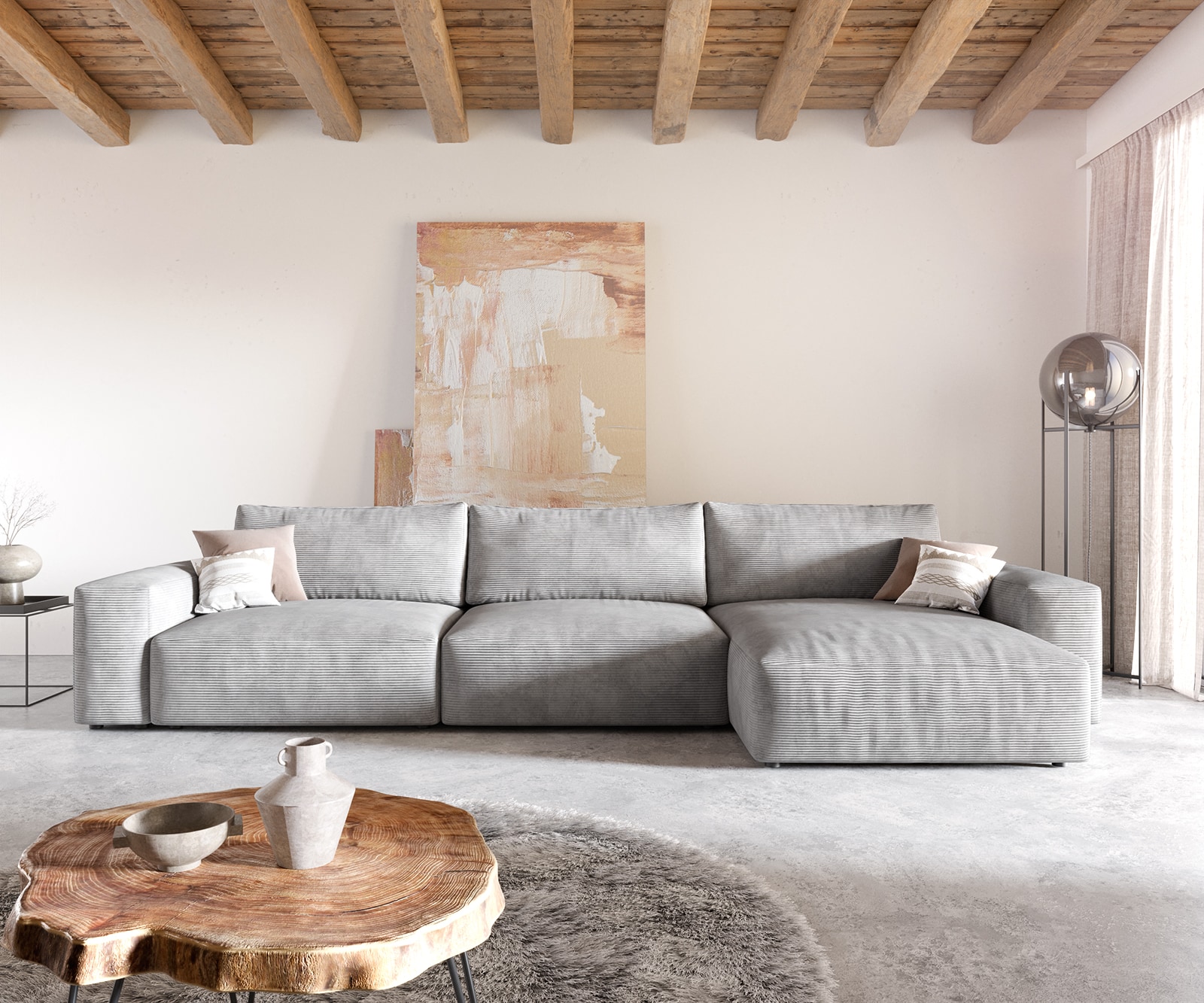 Canapé d'angle Lanzo XL 380x180 cm Cord Gris Argenté Recamière variable 2