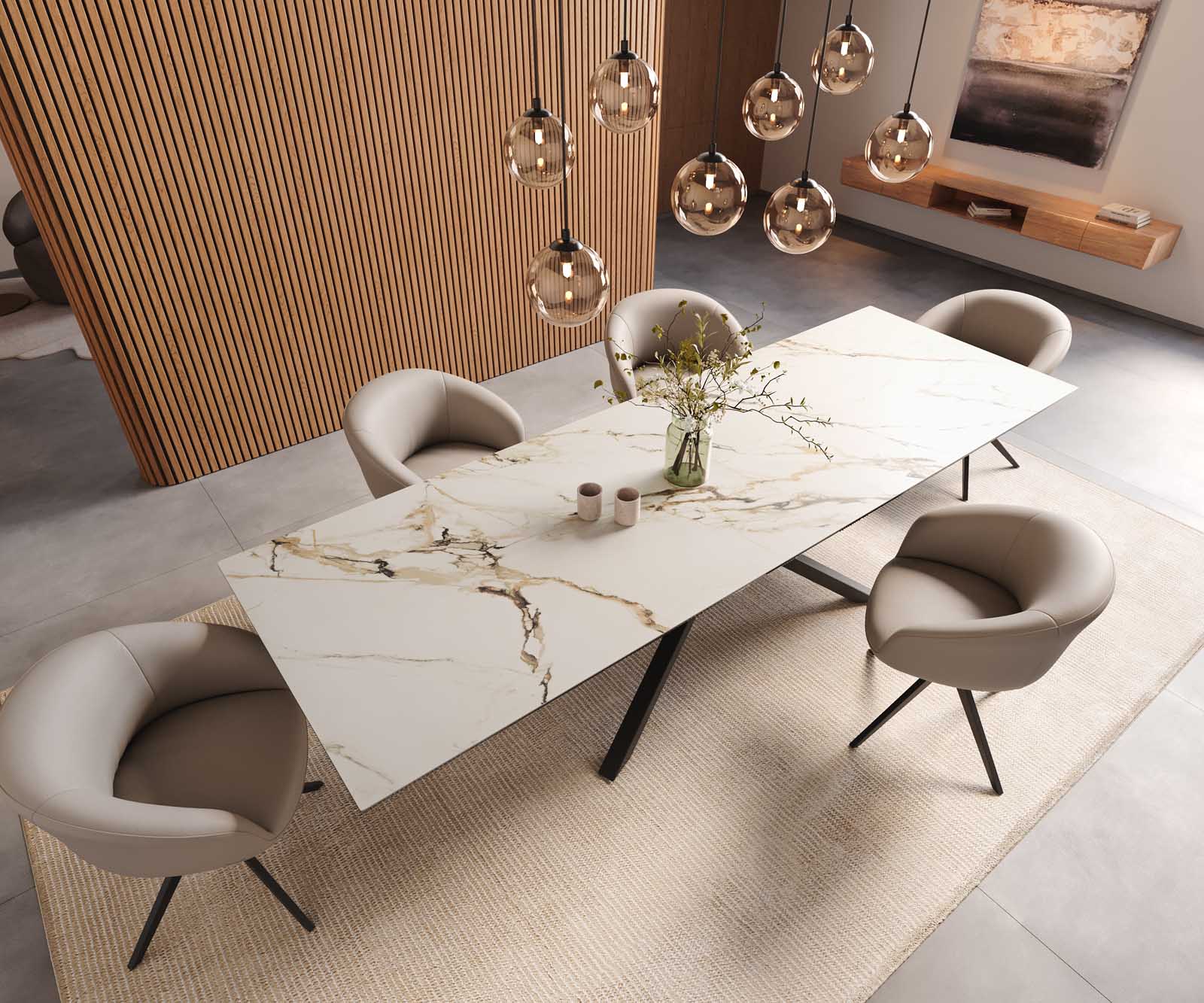 Table à manger Edge 300x100 céramique Calacatta Luxe blanc-doré-gris cadre croisé rectangulaire noir 6