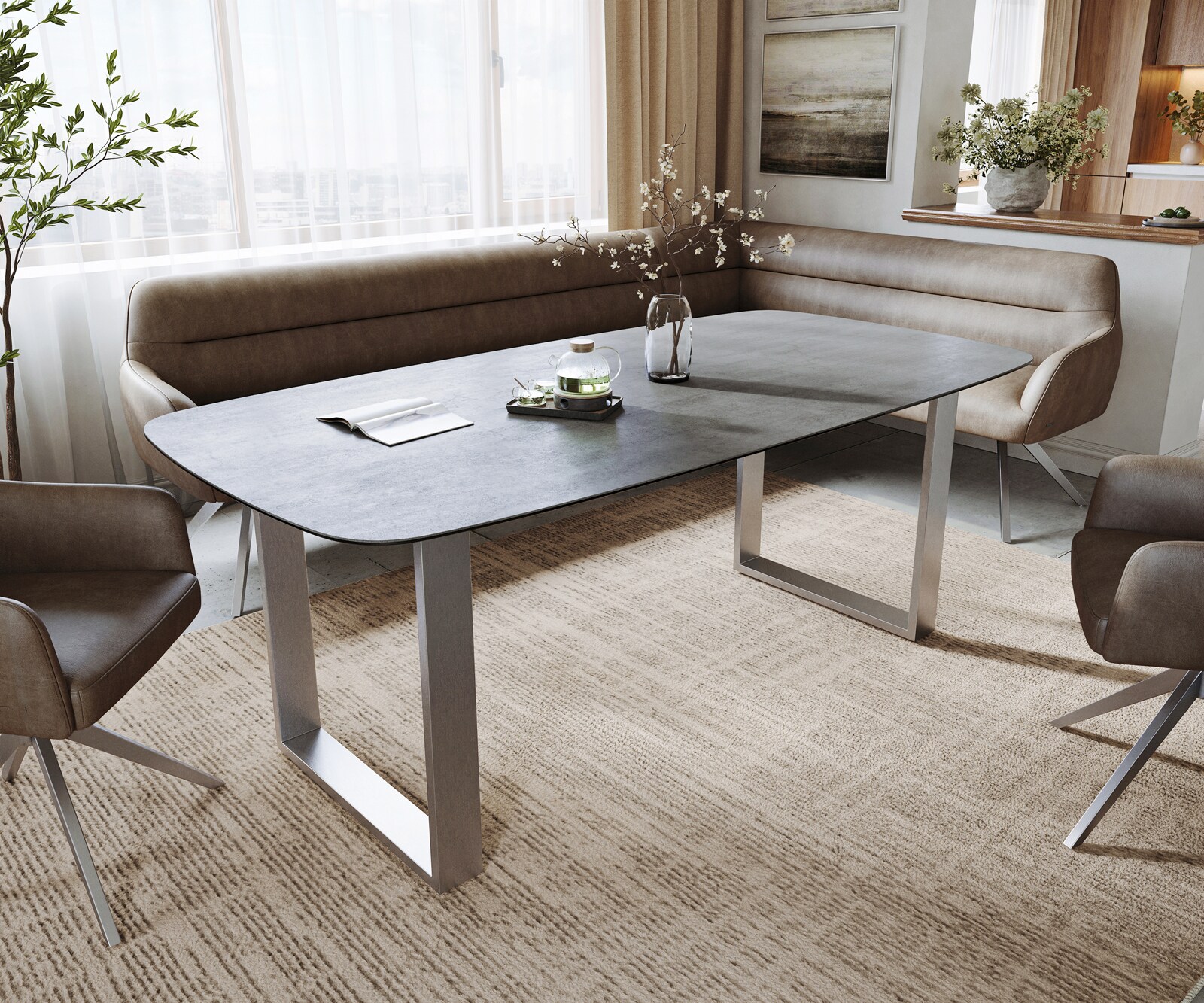 Table à manger Edge bateau 200x100 cm céramique béton gris inox étroit