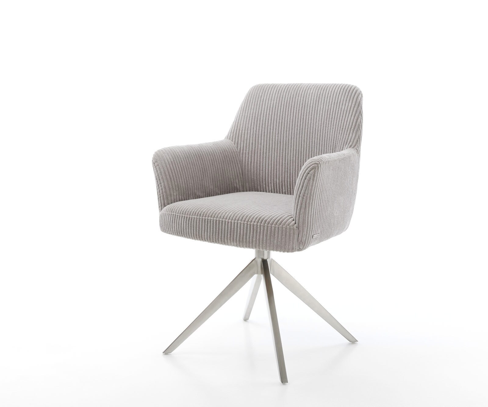 Chaise-pivotante Xana-Flex avec accoudoirs côtelé gris argenté pied croisé large acier inoxydable brossé pivotement sur 360° ressorts ensachés