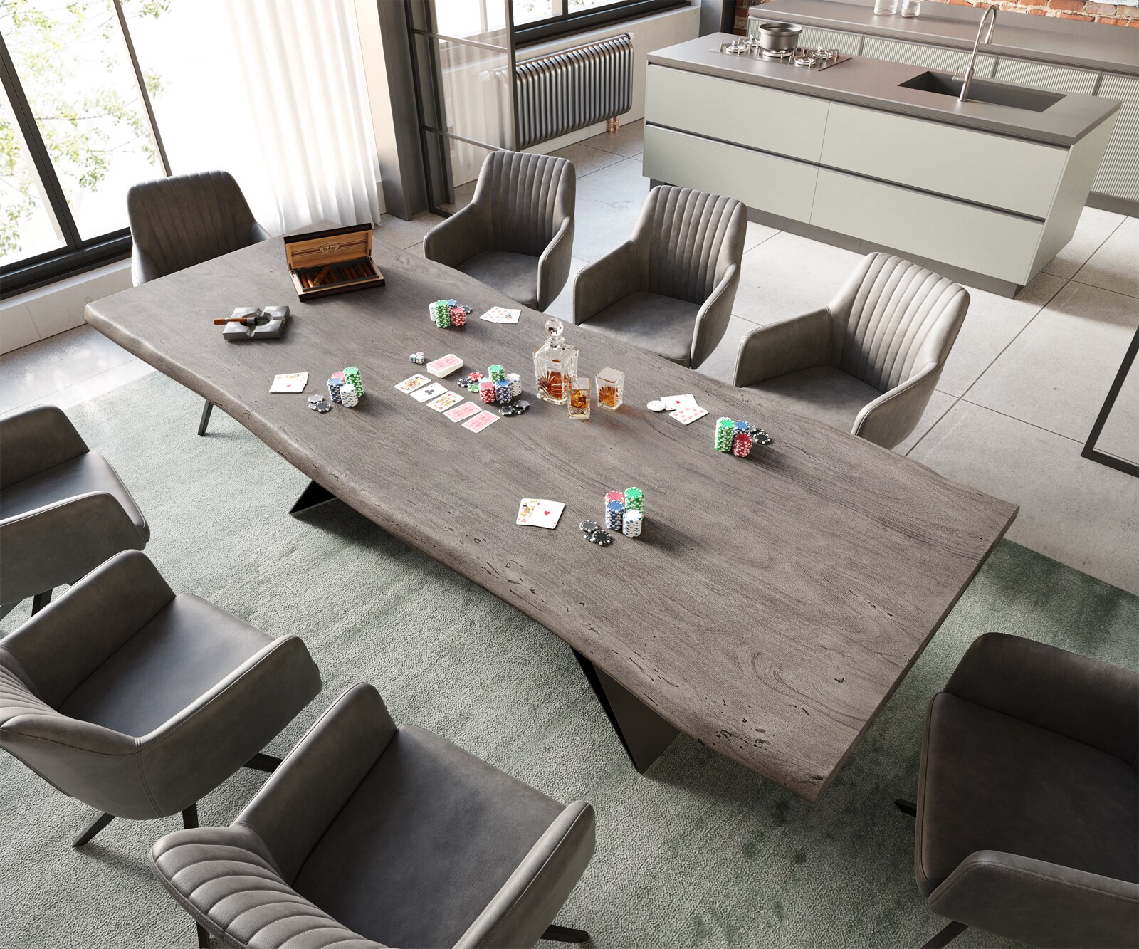 Table à manger Edge 260x100 acacia platine cadre en V acier plat noir Live-Edge 4