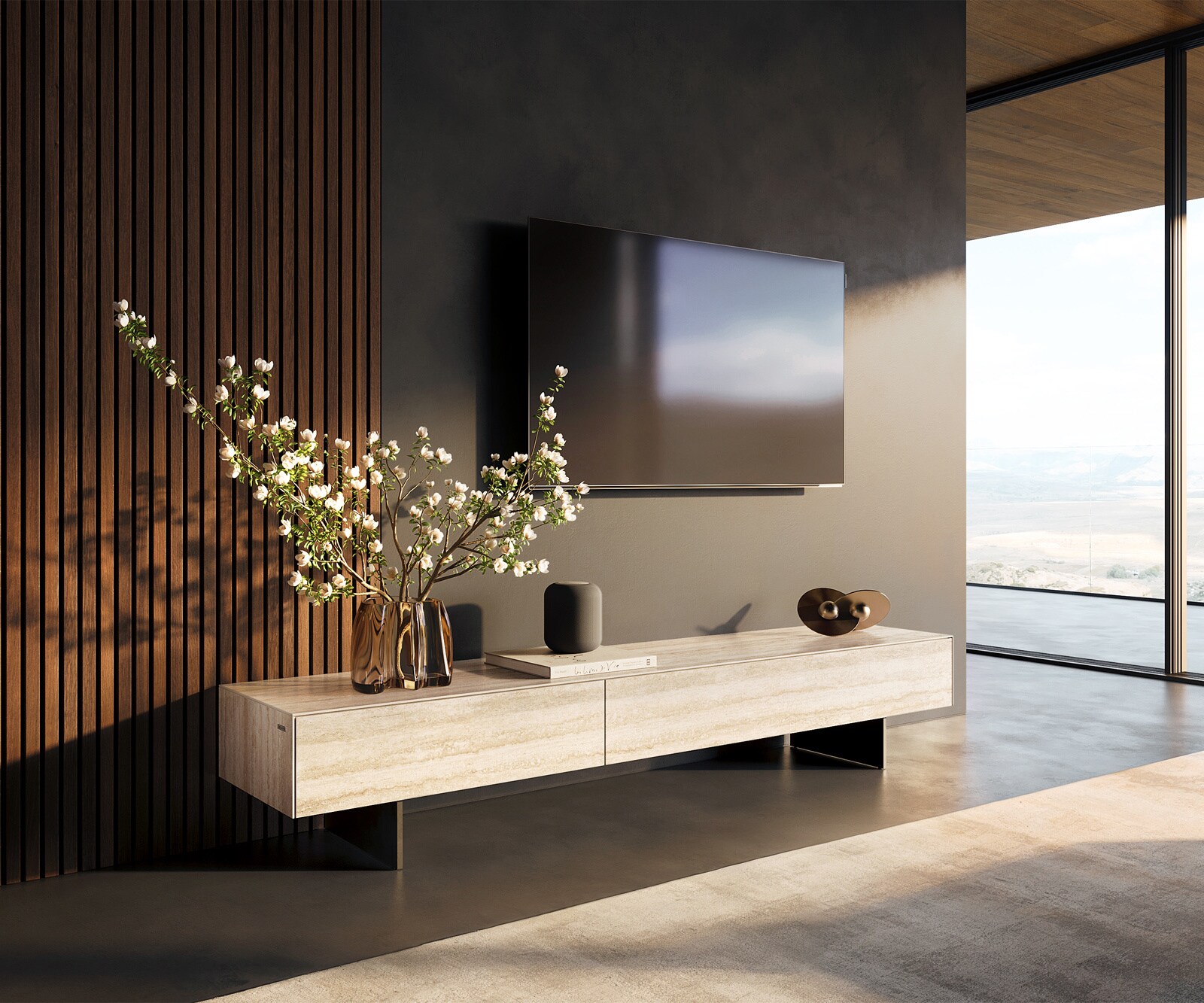 Meuble-TV Cuor 200 cm Céramique Laminam® Travertino Bianco Crème-blanc 1 Clapet 1 Tiroir Pied optique flottant Métal Noir