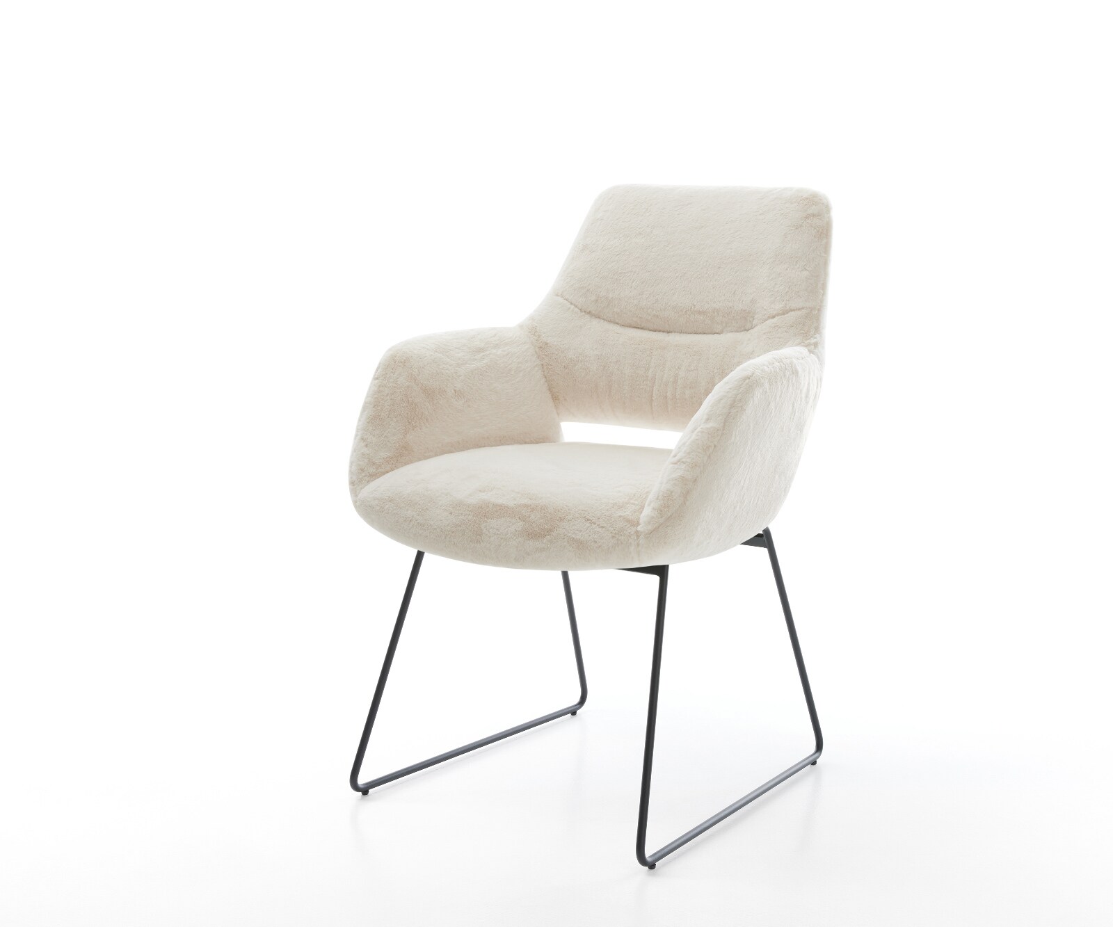 Chaise-de-salle-à-manger Yago-Flex avec accoudoirs peluche crème-blanc pied trapèze noir resorts ensachés 1