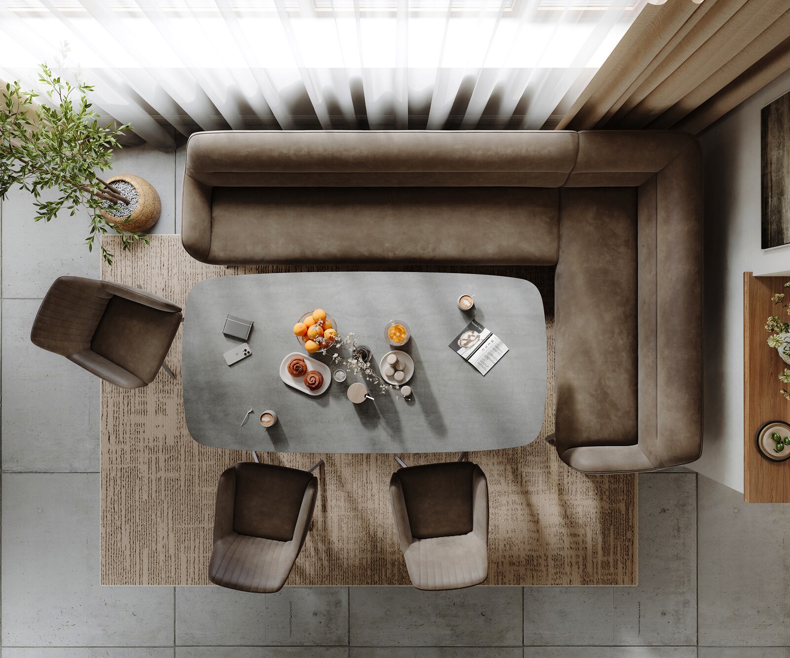 Banc-de-salle-à-manger Taya-Flex 285x190 cm microfibre taupe vintage pied croisé angulaire acier inoxydable ressort ensaché liens 6